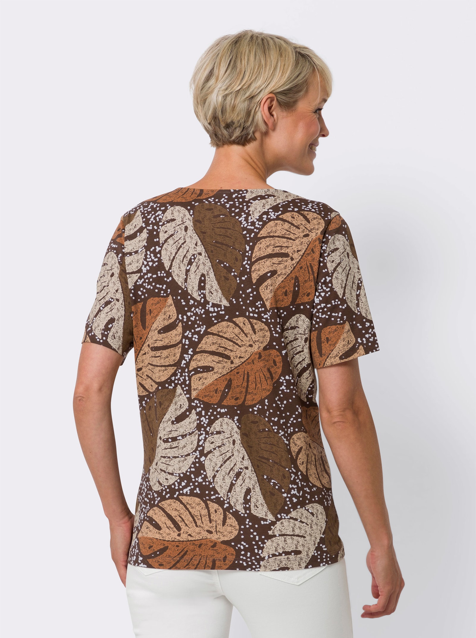 Shirt met korte mouwen en bladerprint - chocolade/wit bedrukt