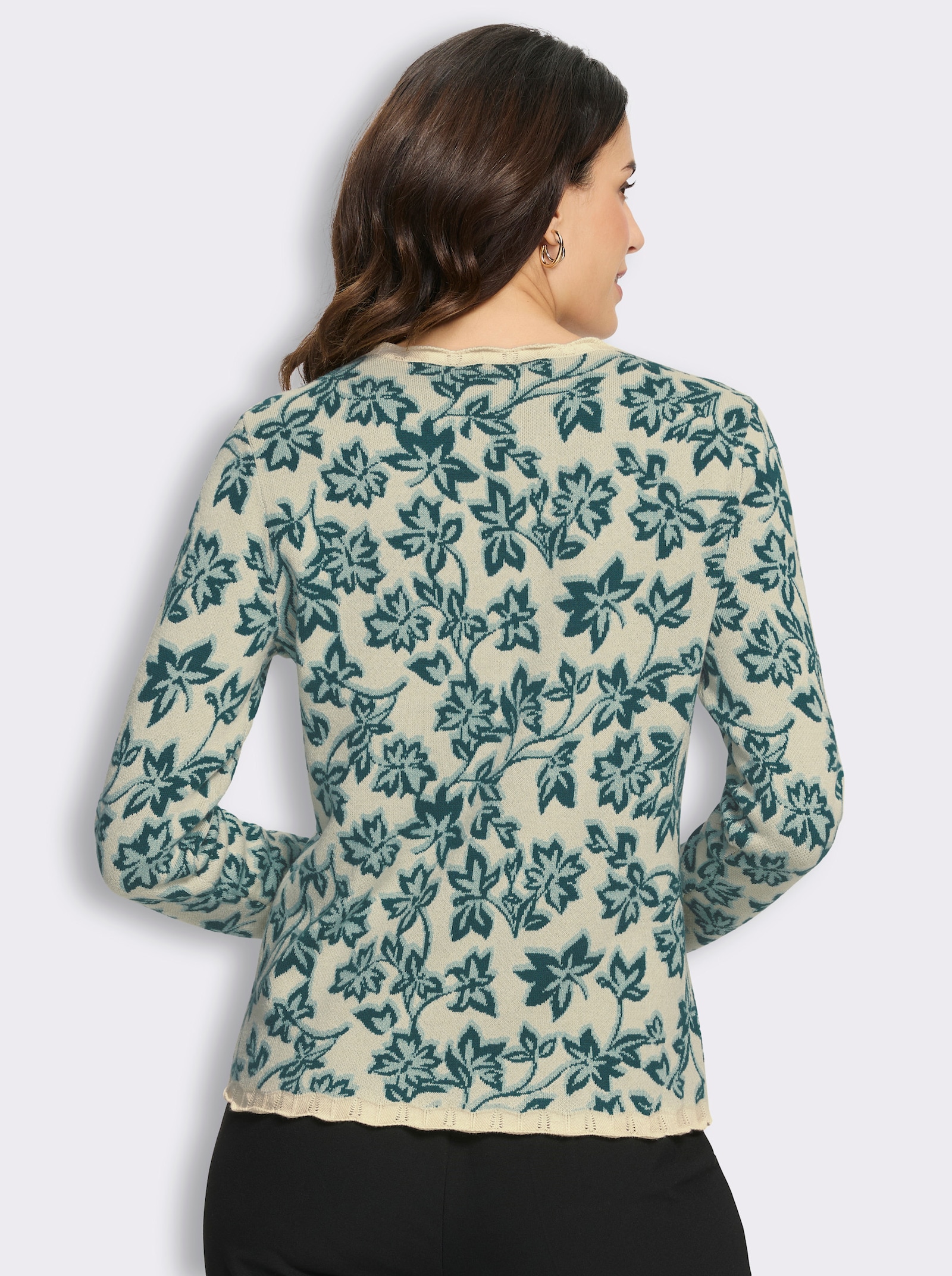 Jacquard-Pullover im Blätter-Dessin - champagner-petrol-gemustert