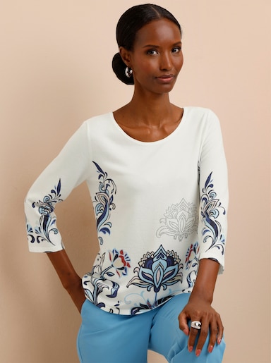 3/4-Arm-Pullover mit platziertem Druckmuster - ecru-marine-bedruckt