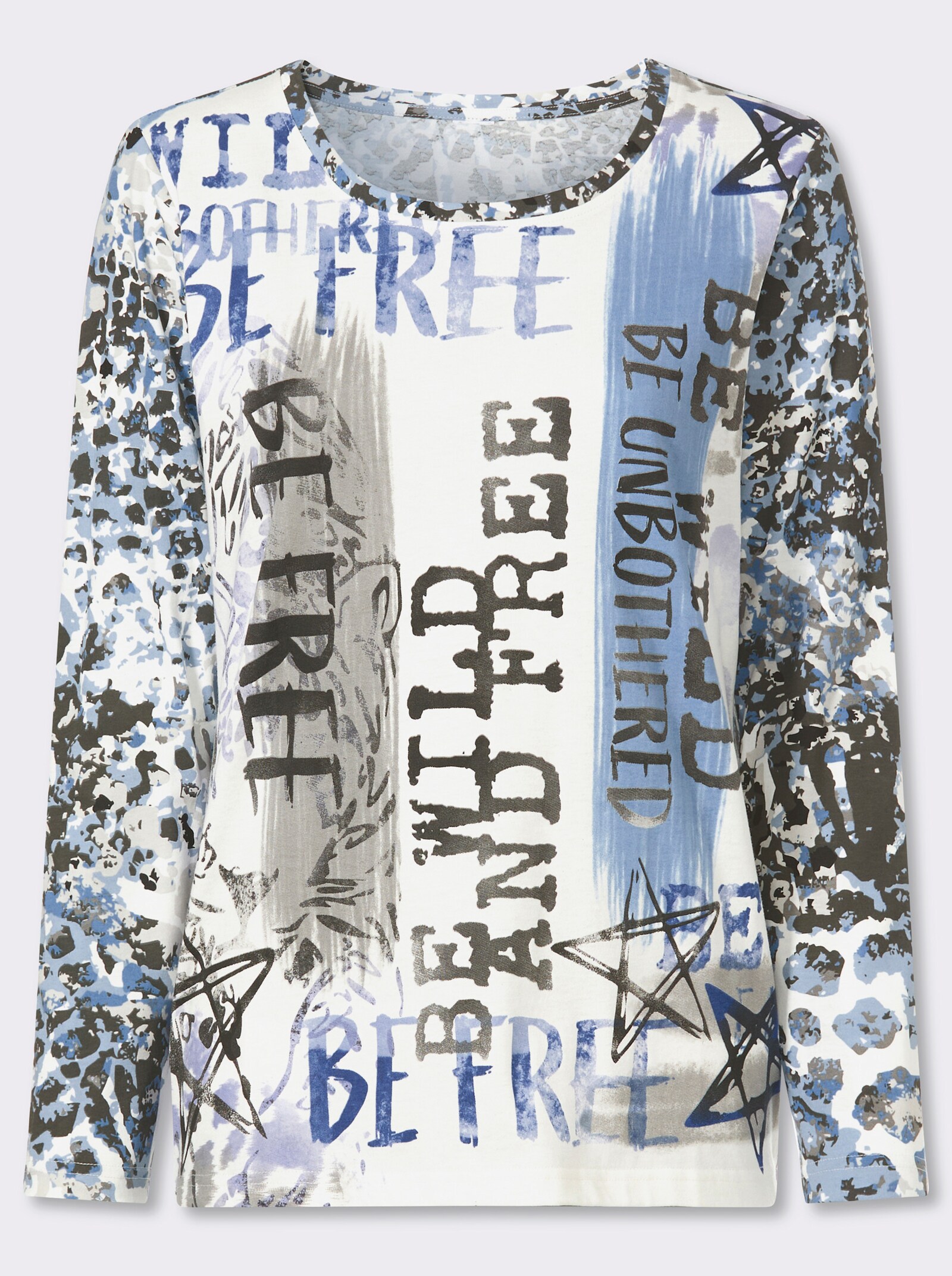 Langarmshirt aus reiner Baumwolle - ecru-mittelblau-bedruckt