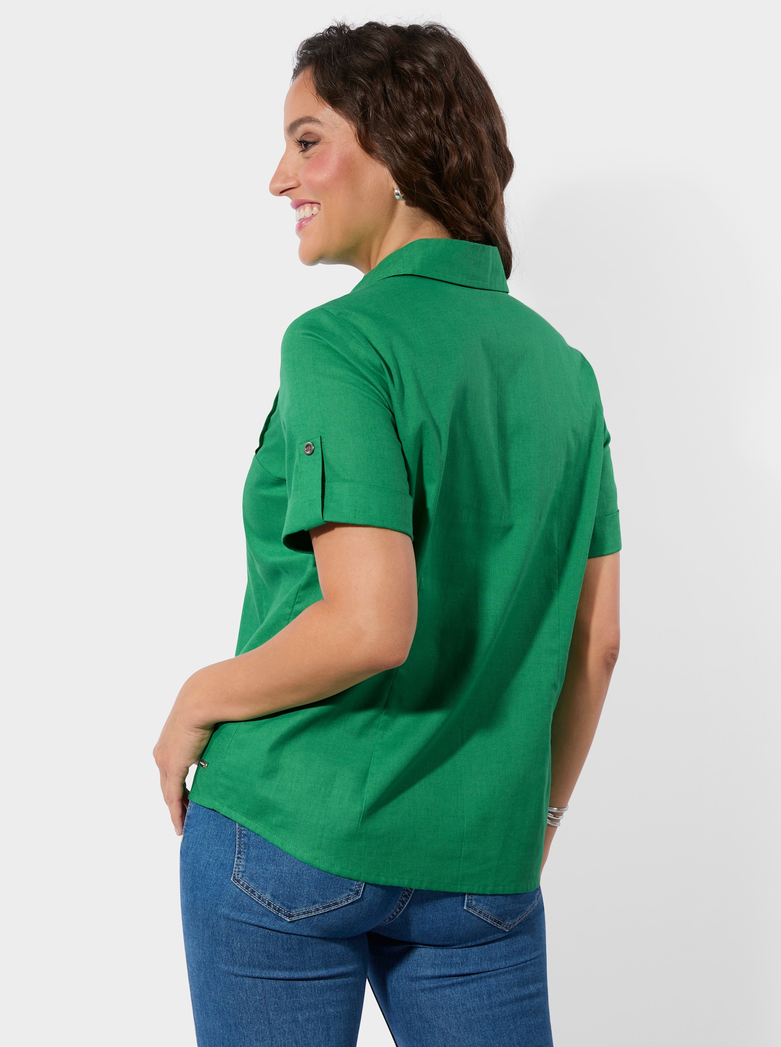 Kurzarm-Bluse im Baumwoll-Leinen-Mix - grasgrün