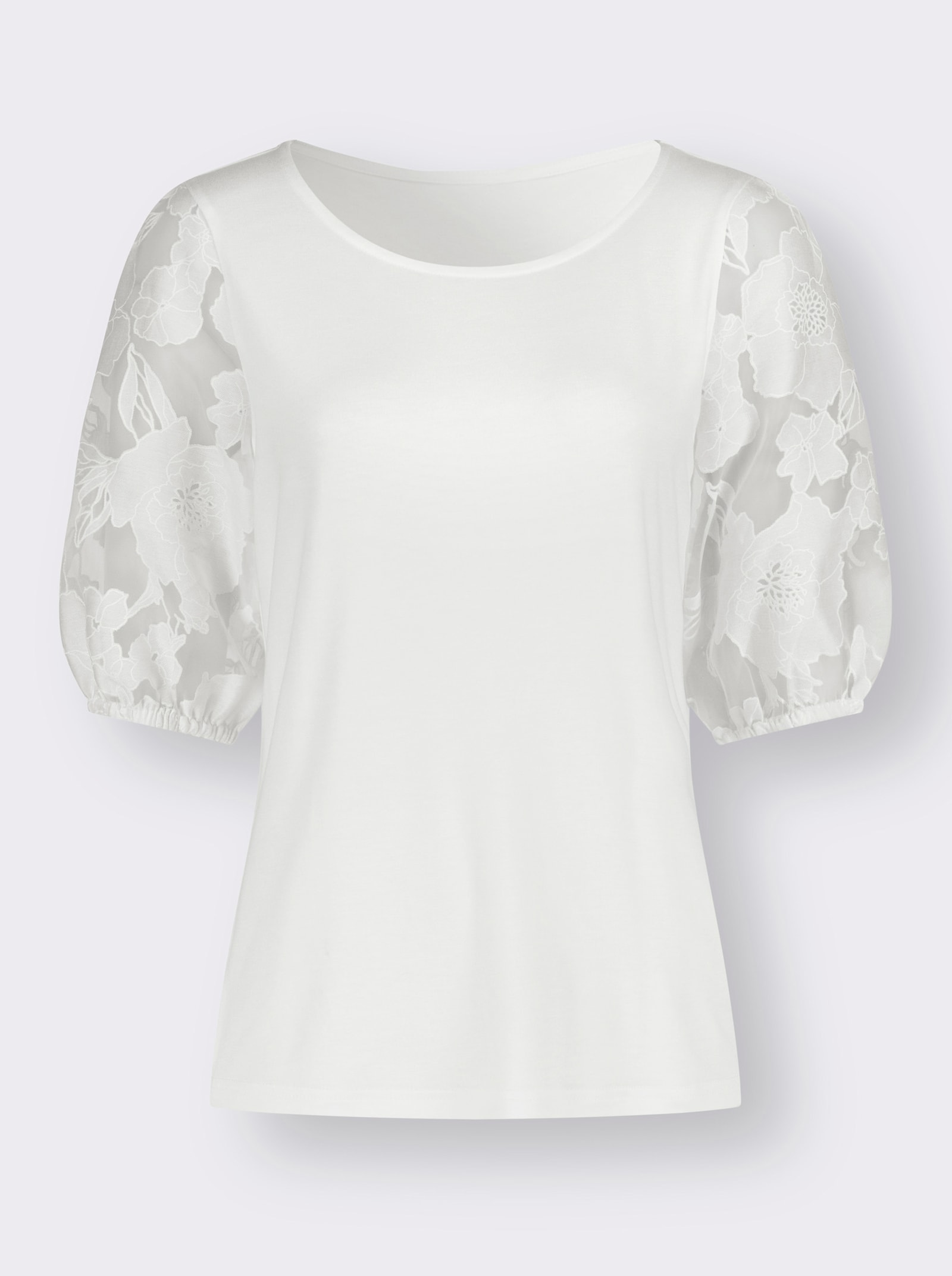 Rundhalsshirt mit kurzen Puffärmeln - ecru