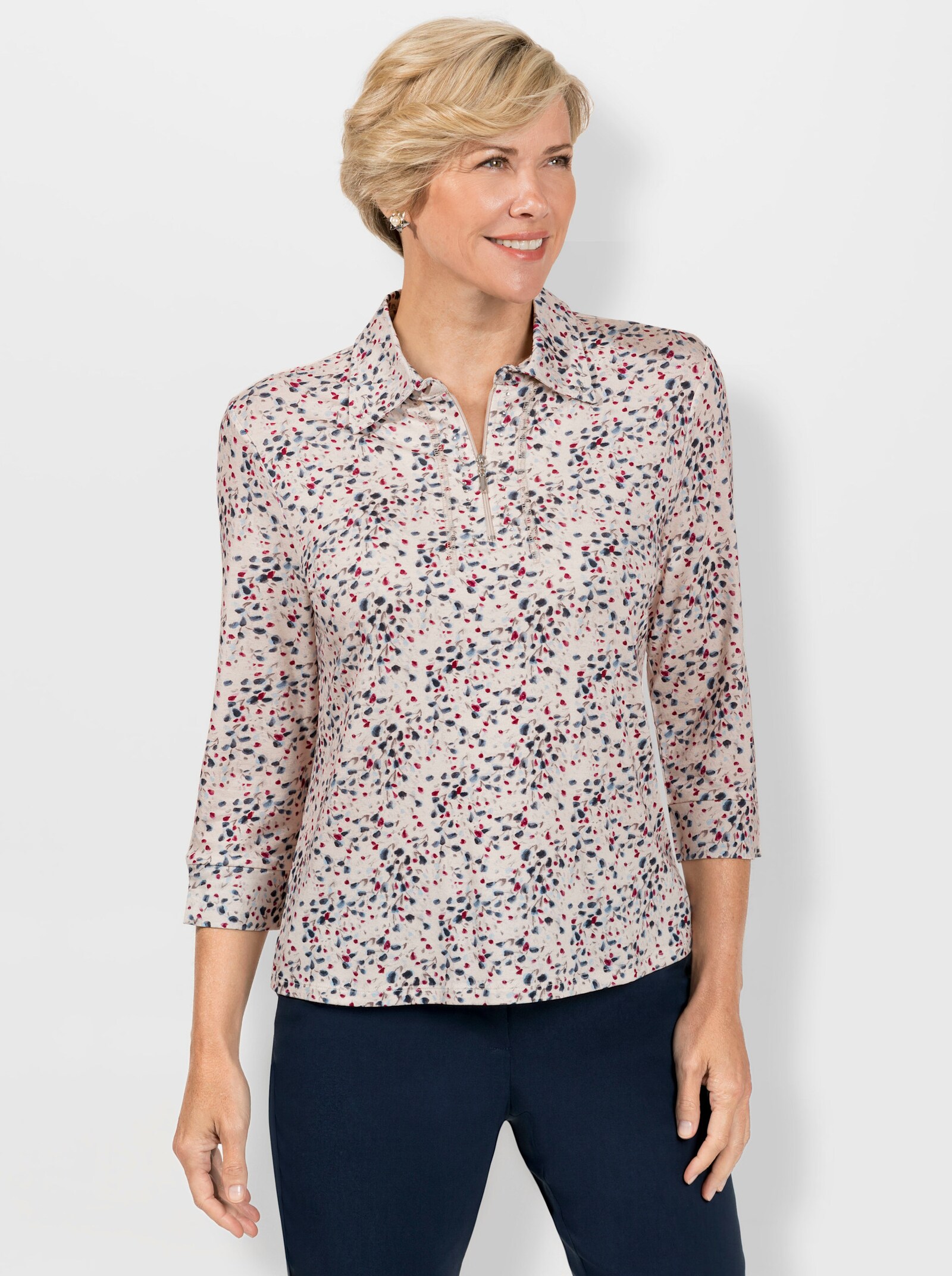 Poloshirt mit Glitzersteinchen - bleu-champagner-bedruckt