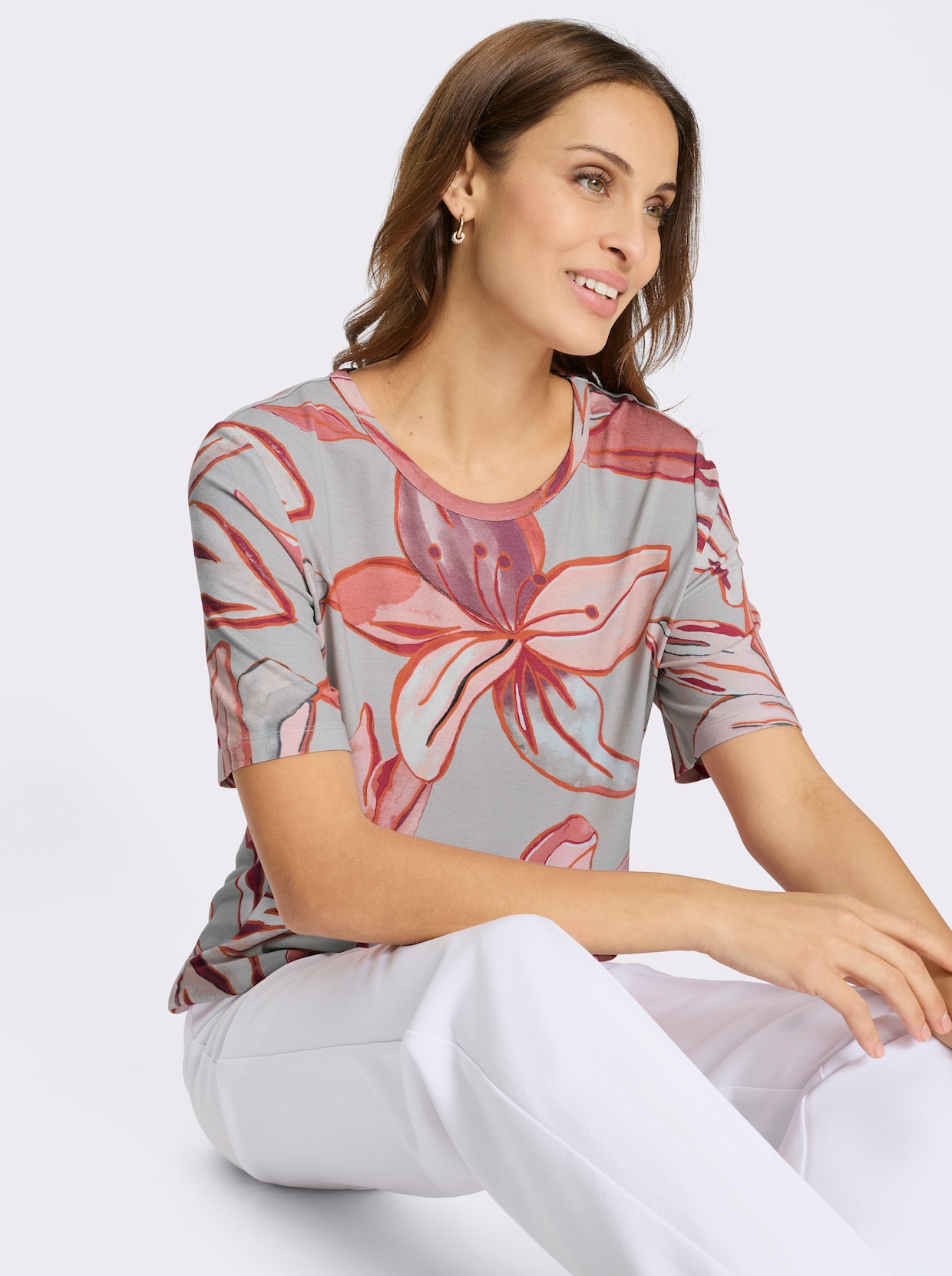 Print-Shirt - hellgrau-koralle-bedruckt