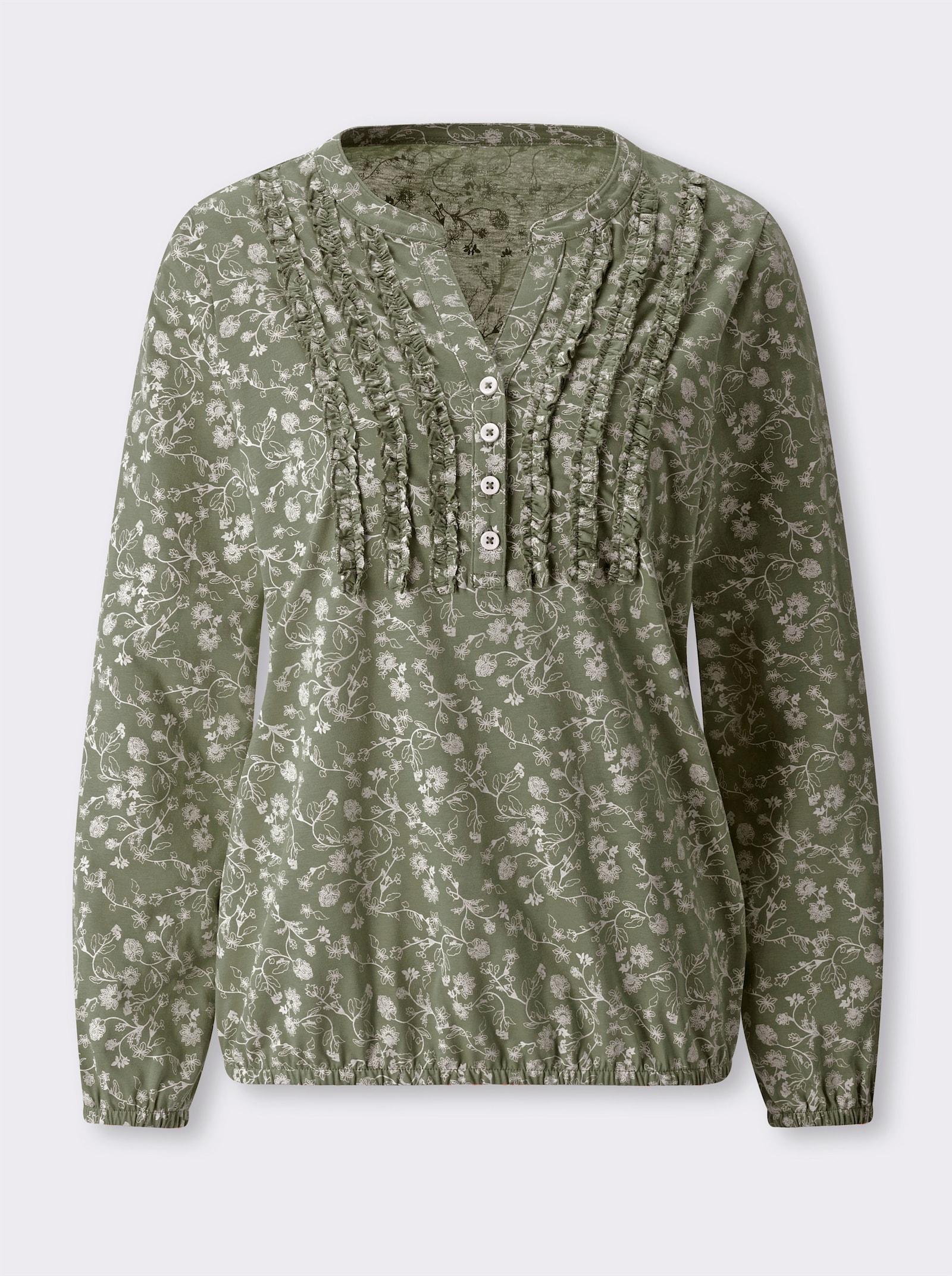 Langarmshirt mit Rüschen am Ausschnitt - khaki-ecru-bedruckt