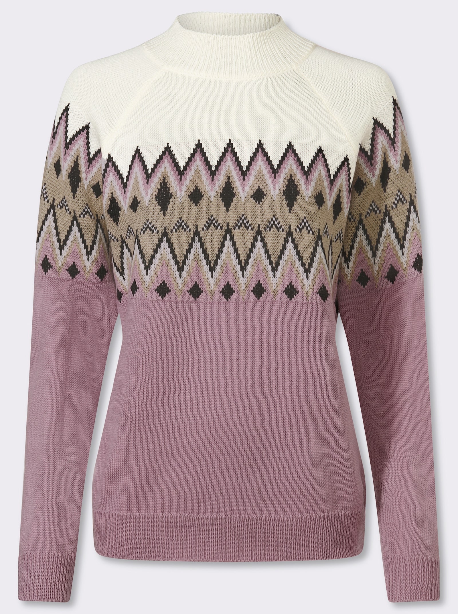 Langarm-Pullover mit Norweger-Muster - mauve-beige-gemustert