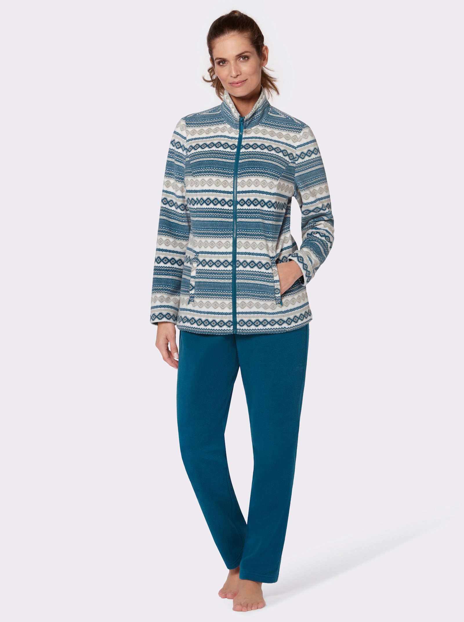 feel good Hausanzug mit 2 Reissverschluss-Taschen - petrol-gemustert