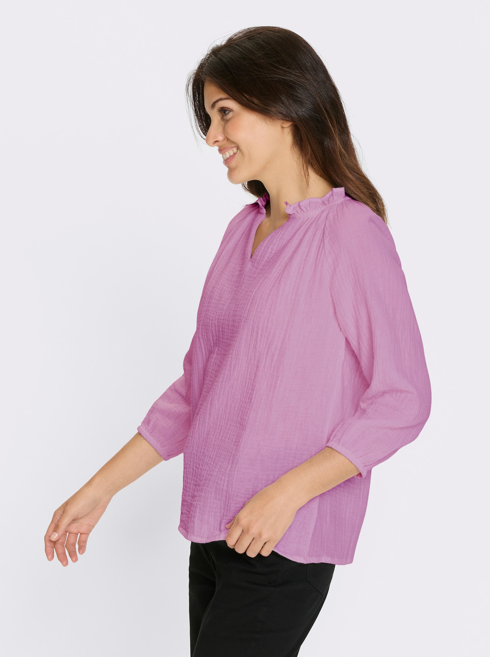 Schlupf-Bluse mit Rüschen am Ausschnitt - orchidee