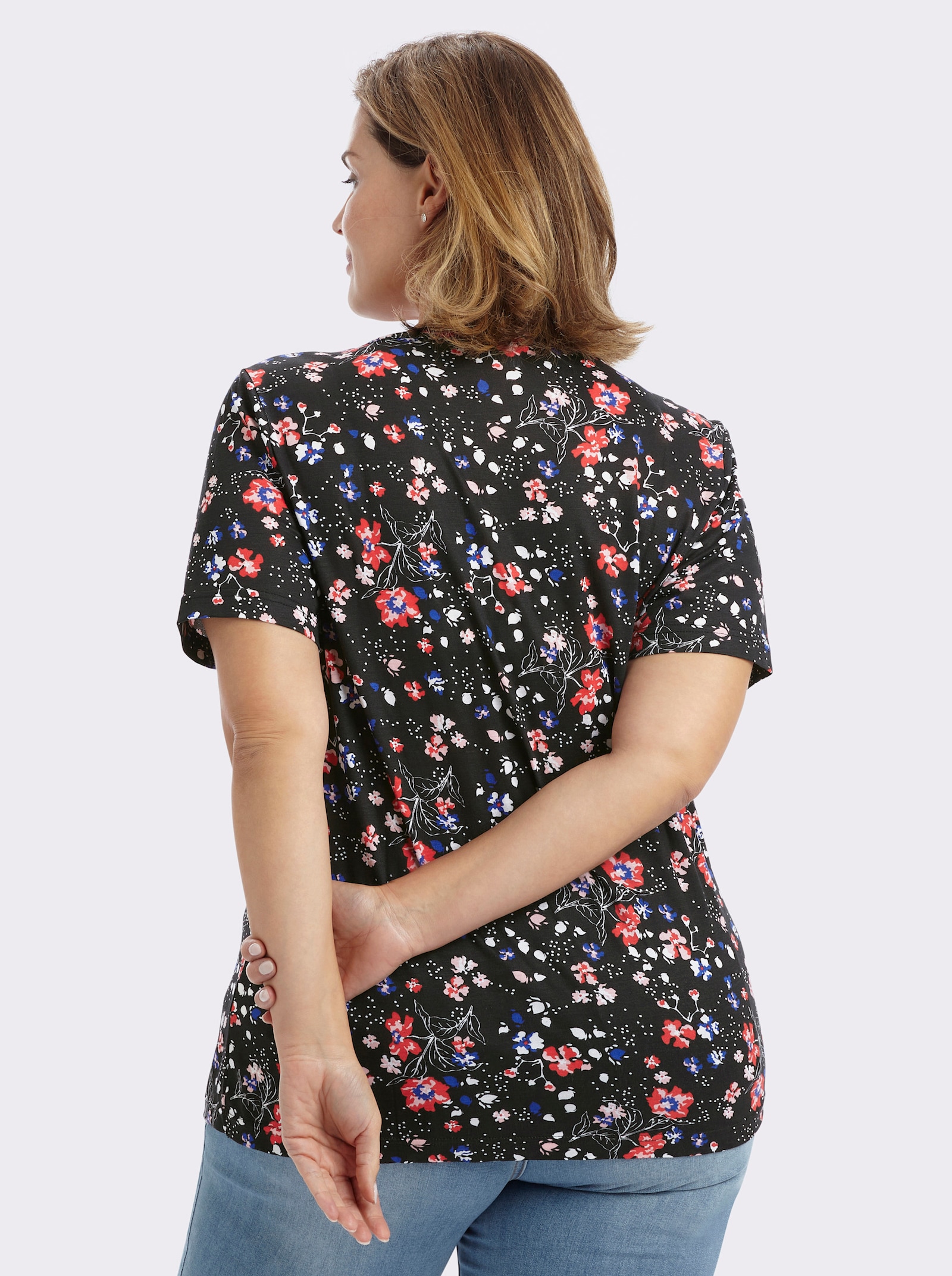 2-in-1-Shirt in längerer Form, reine Viskose - schwarz-erdbeere-bedruckt