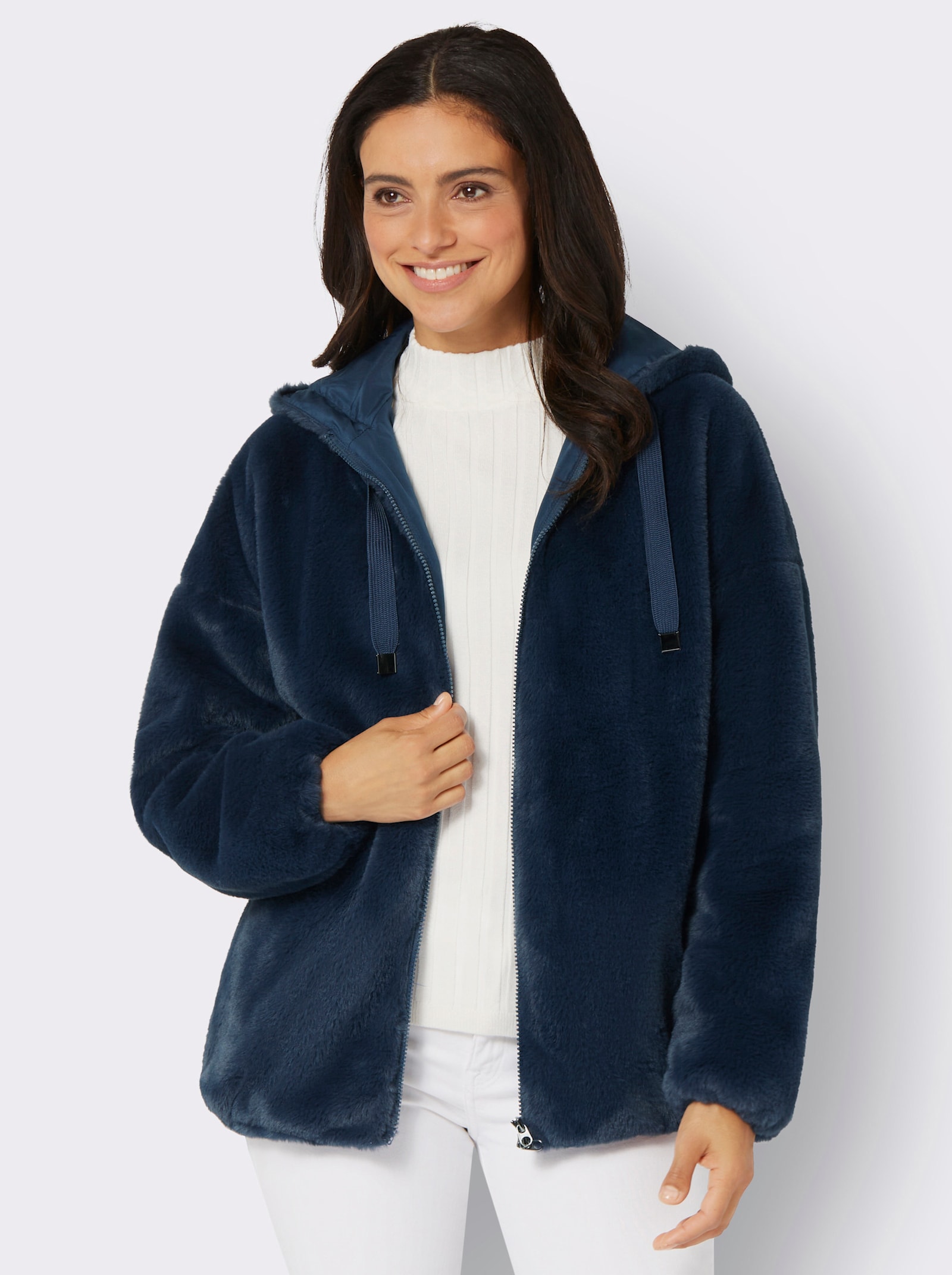 Fellimitatjacke mit Gummizug an Ärmeln und Saum - dunkelblau