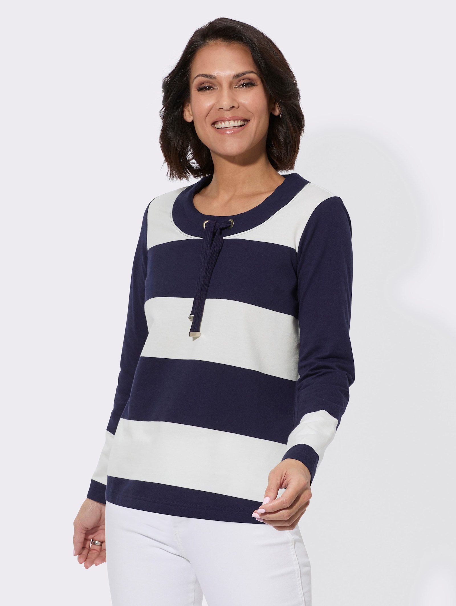 Sweatshirt mit Rundhals und Tunnelzug - marine-ecru-geringelt