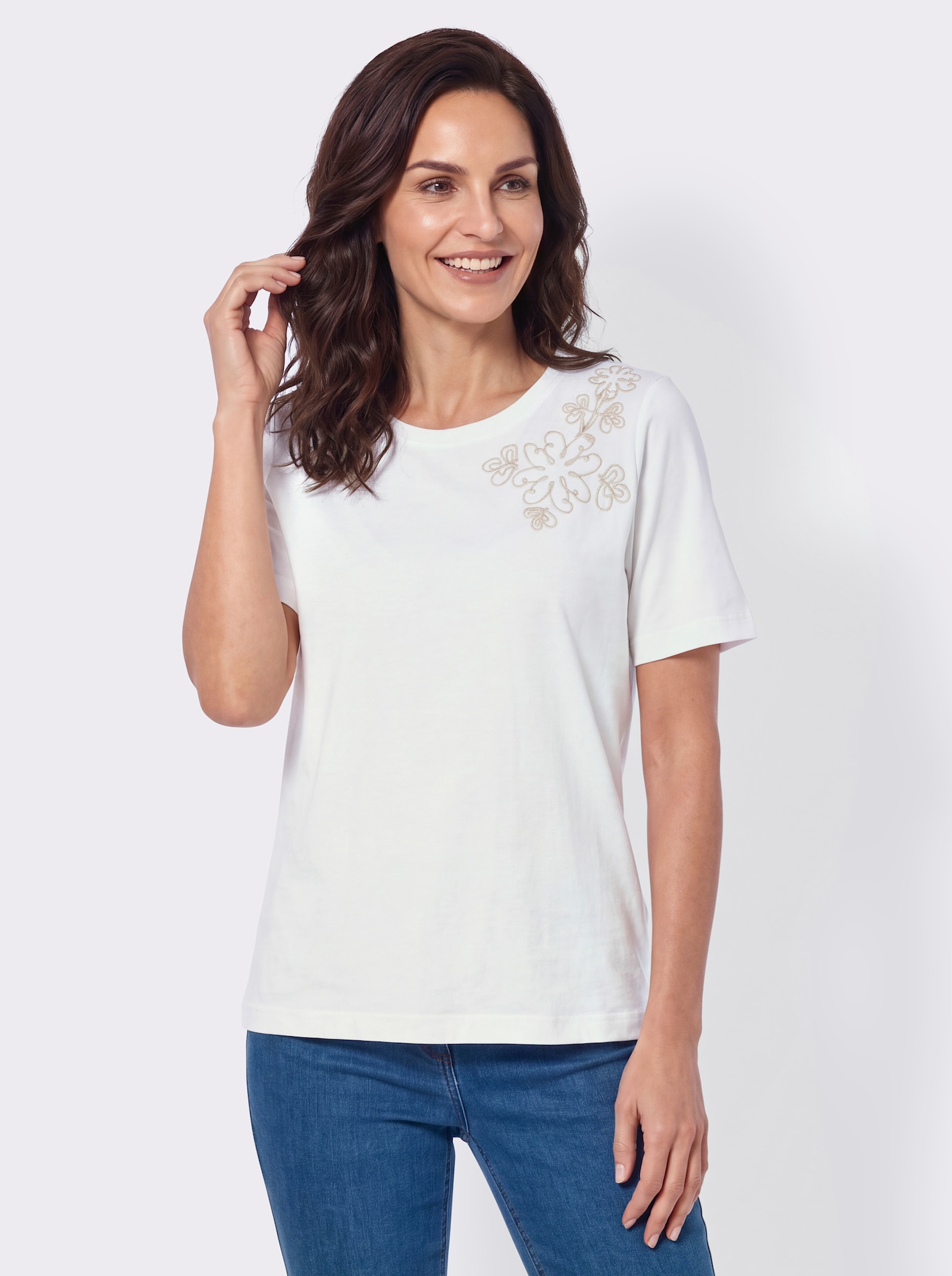 Rundhalsshirt mit Kordelstickerei - ecru