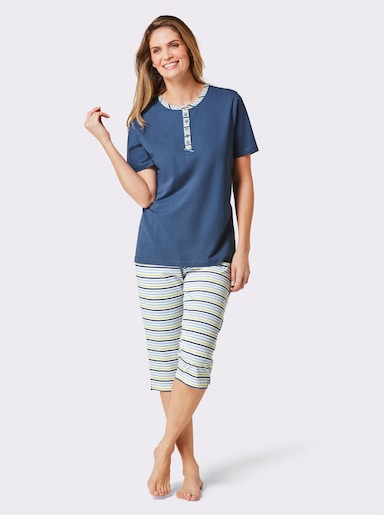 wäschepur Capri-Schlafanzüge mit Knopfleiste - jeansblau + jeansblau-geringelt
