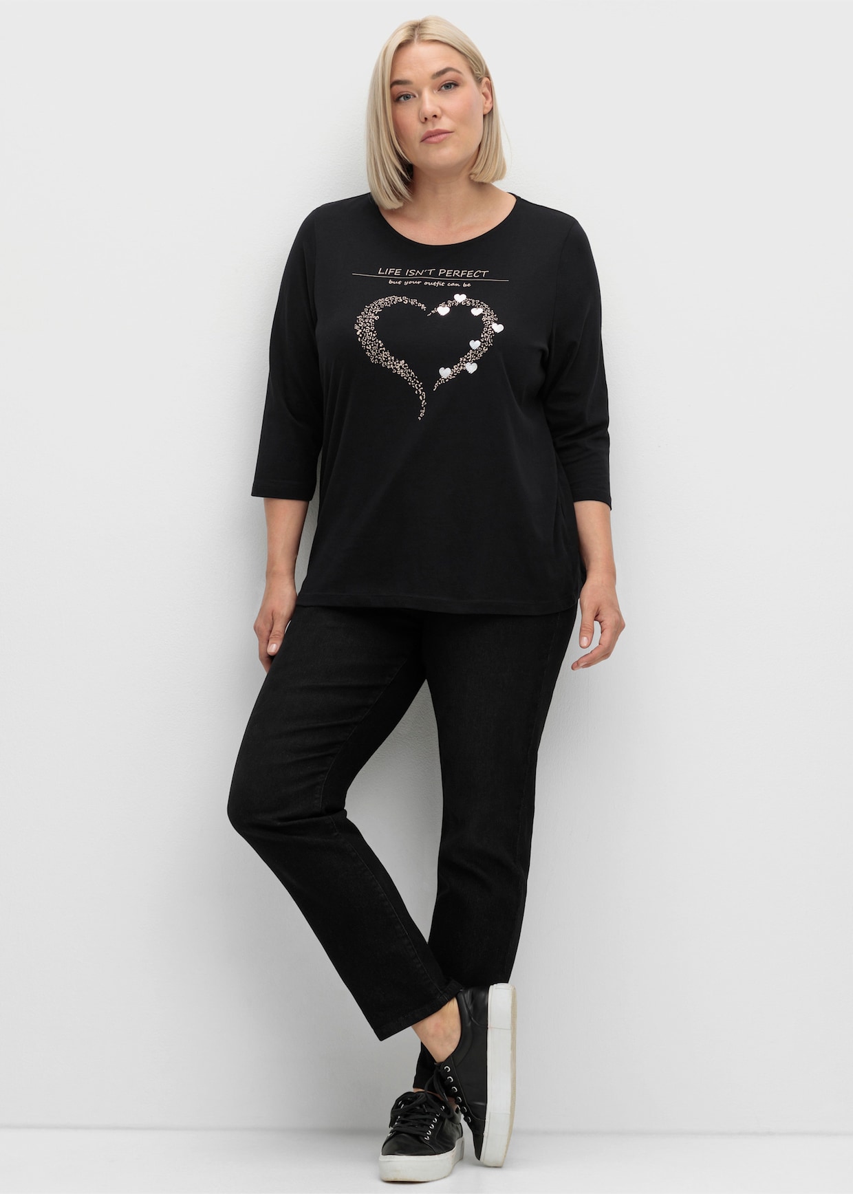 3/4-Arm-Shirt mit Herz-Motiv - schwarz-beige