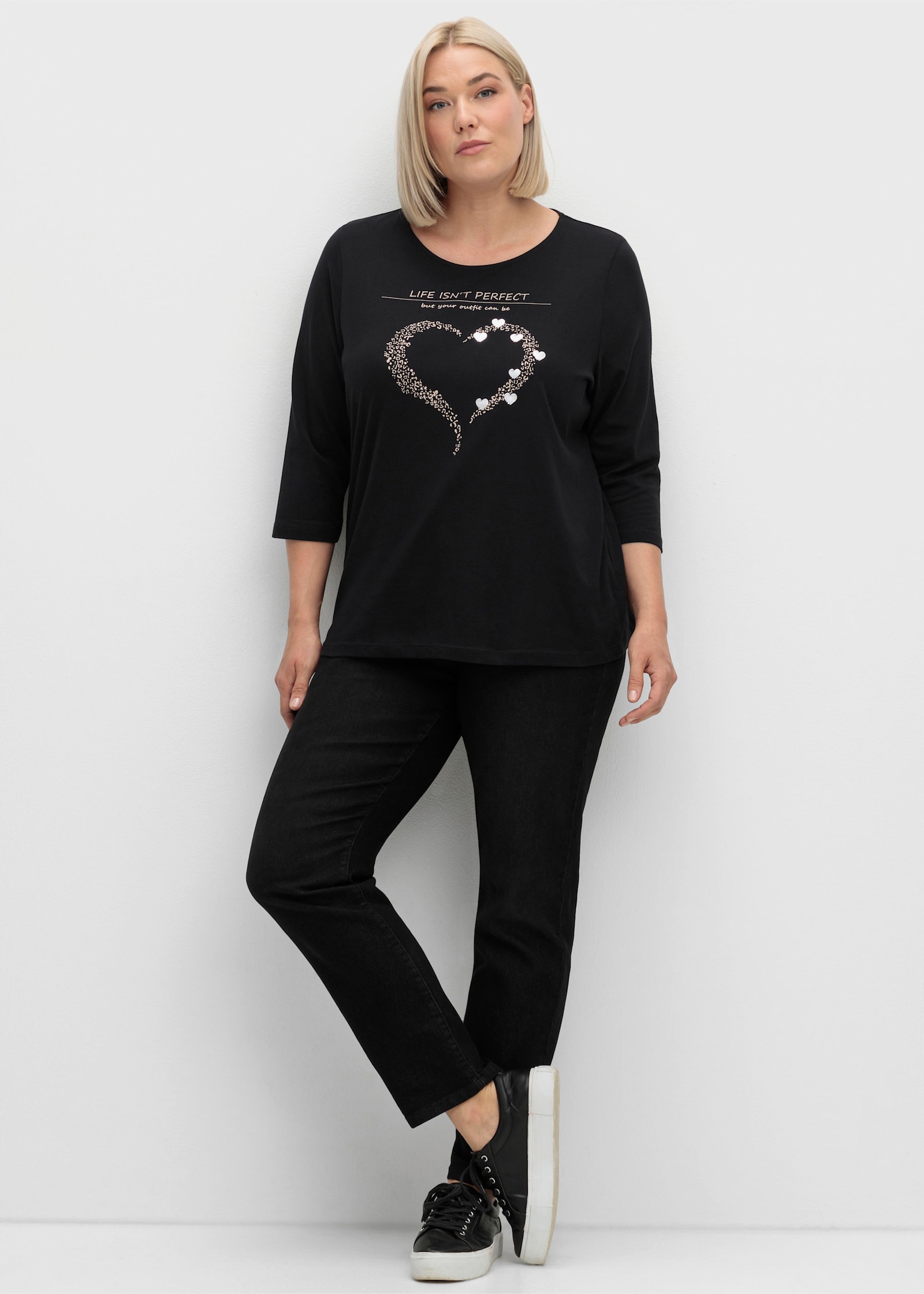 3/4-Arm-Shirt mit Herz-Motiv - schwarz-beige