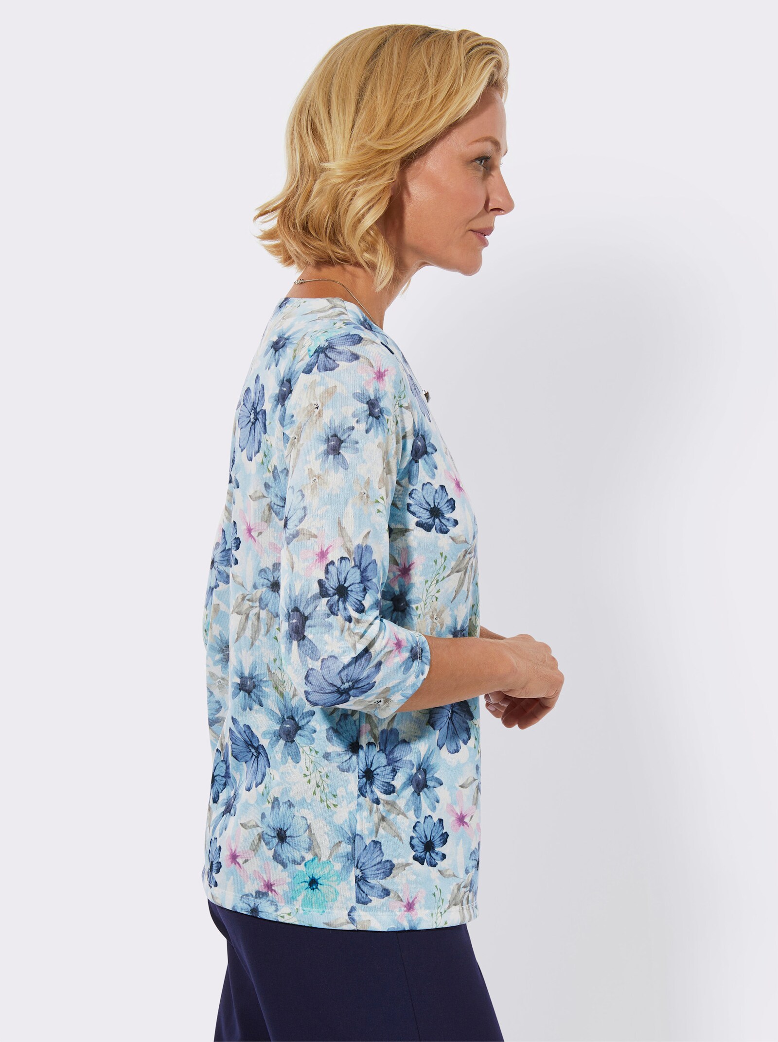 Shirt met ronde hals en 3/4-mouwen - ijsblauw/duivenblauw bedrukt