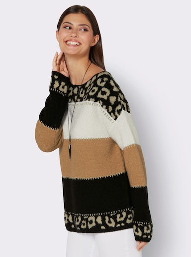 Kaschmirpullover mit Glanzgarn - schwarz-sand-gestreift