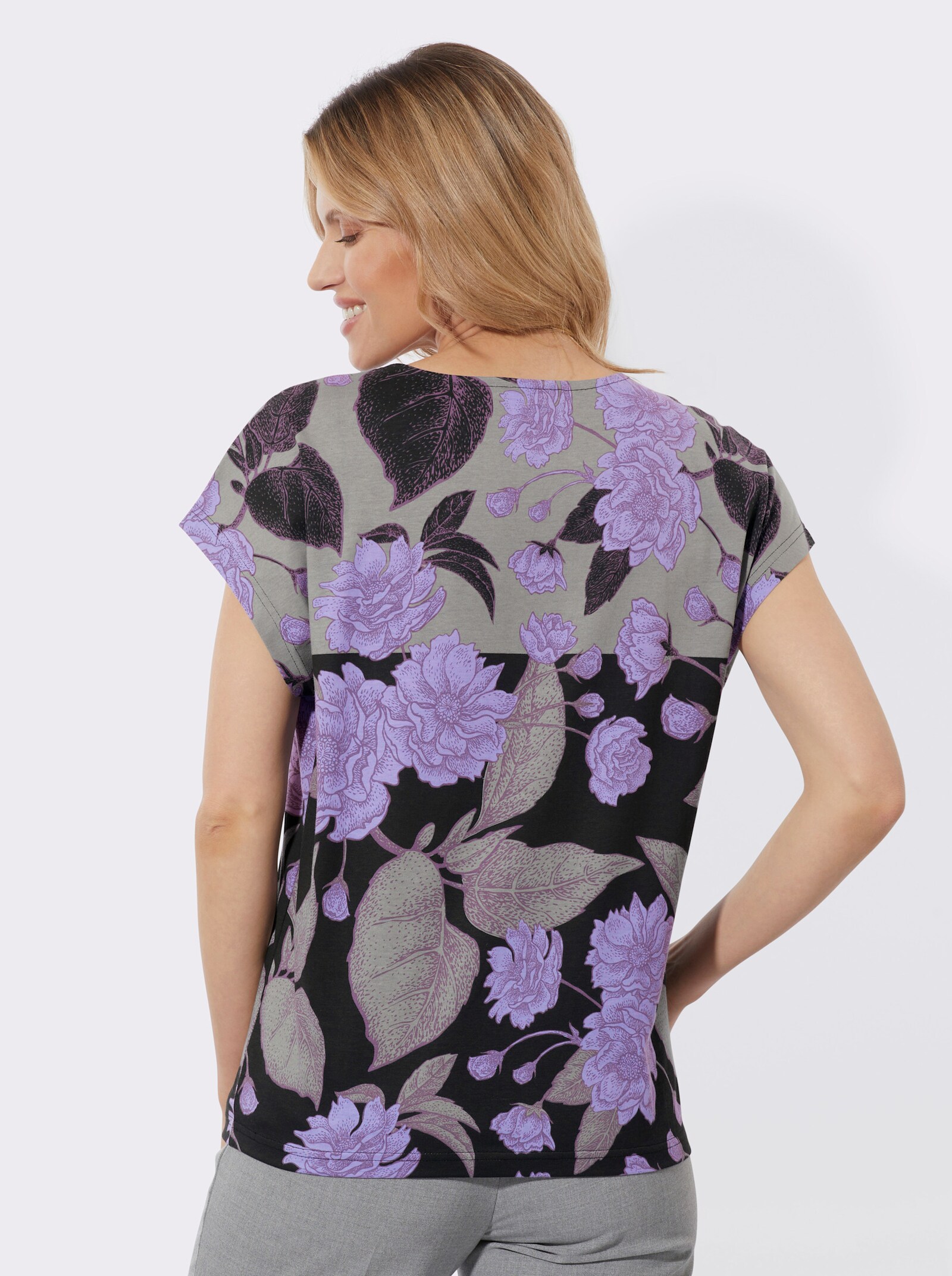 Kurzarmshirt mit Spitzen-Einsatz - grau-lavendel-bedruckt