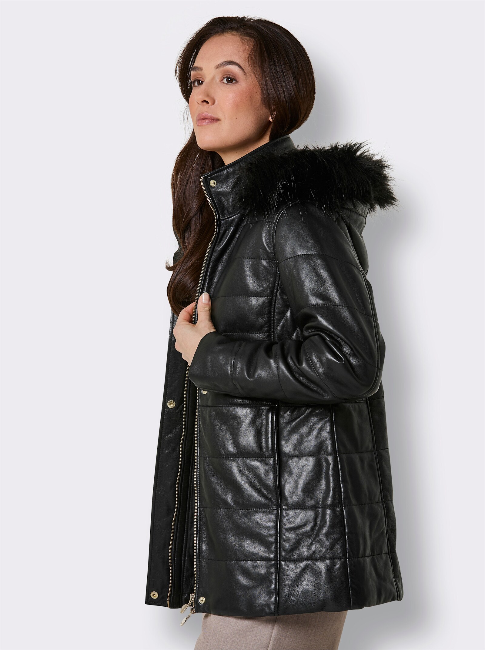 Mainpol Lederjacke mit Kapuze, abnehmbar - schwarz