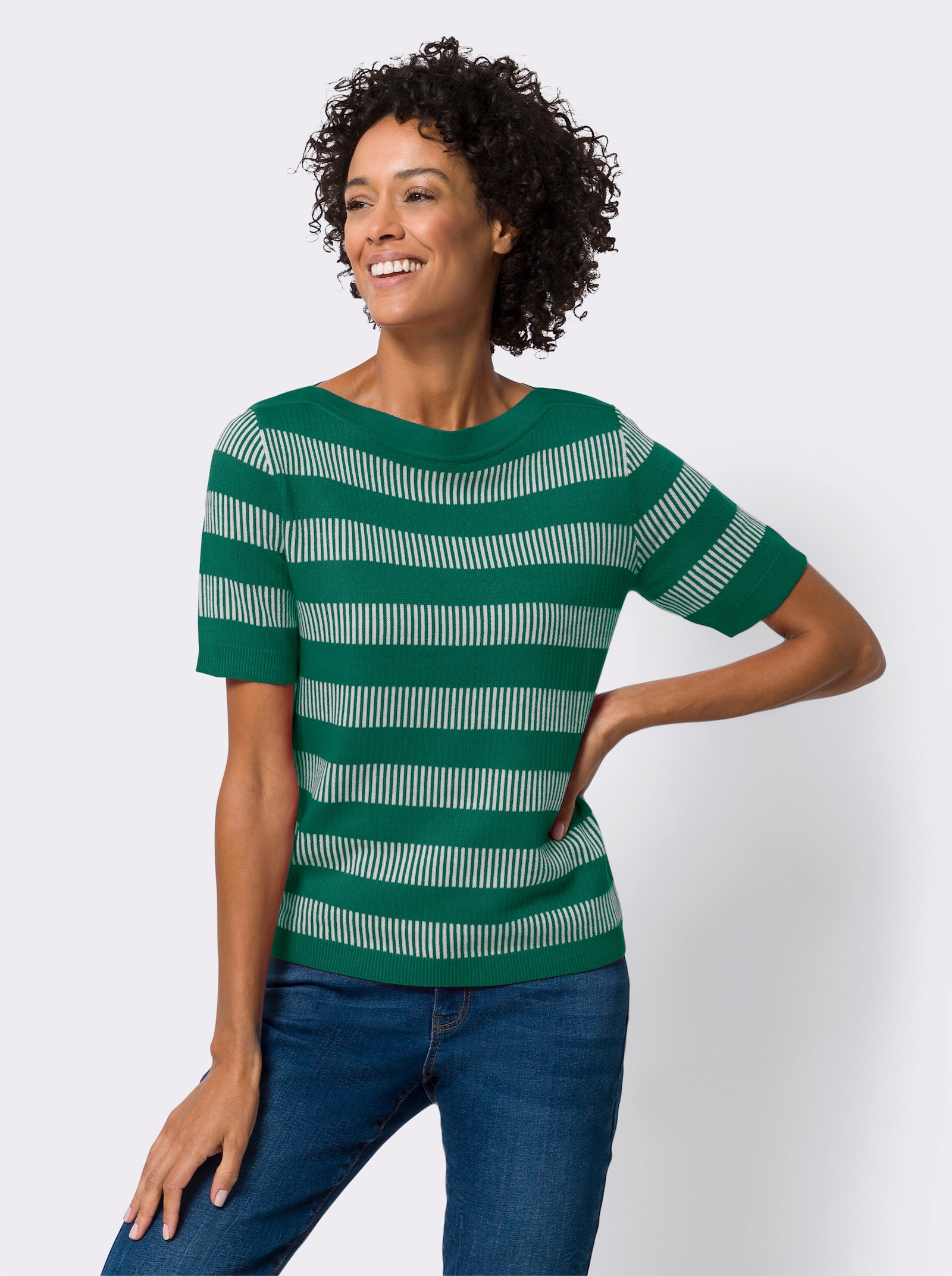Pullover met korte mouwen van jacquard - groen/ecru gedessineerd