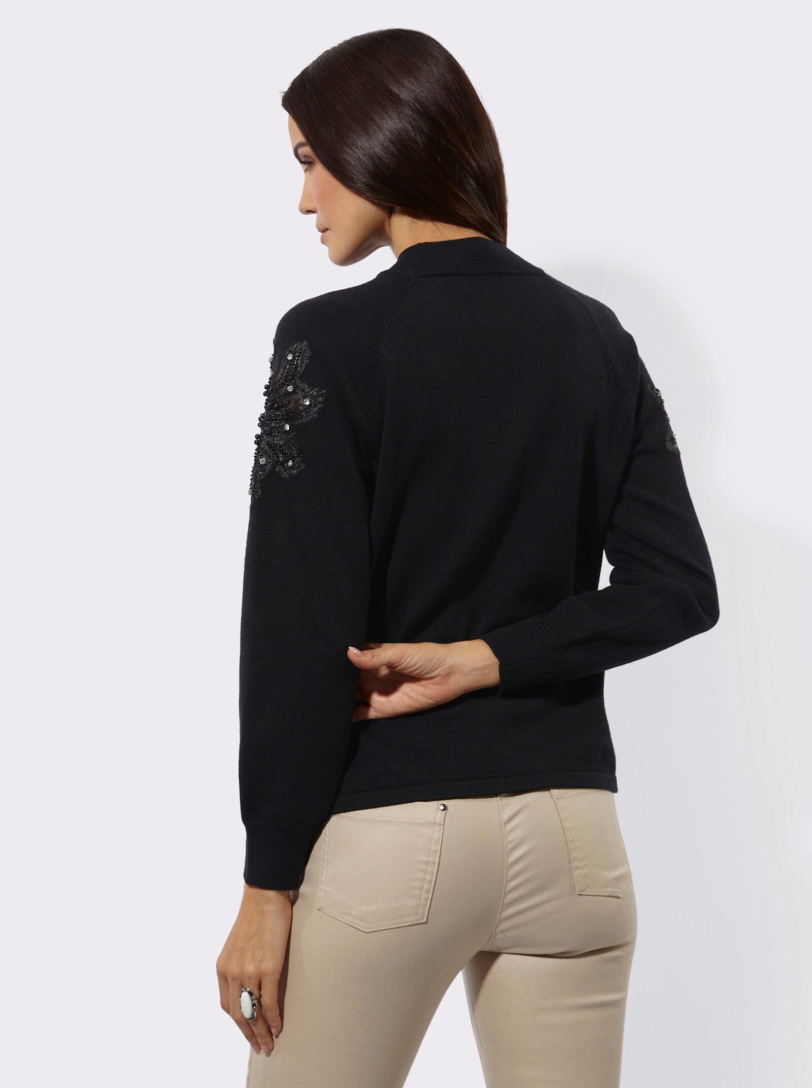 Langarm-Pullover mit besticktem Netzeinsatz - schwarz