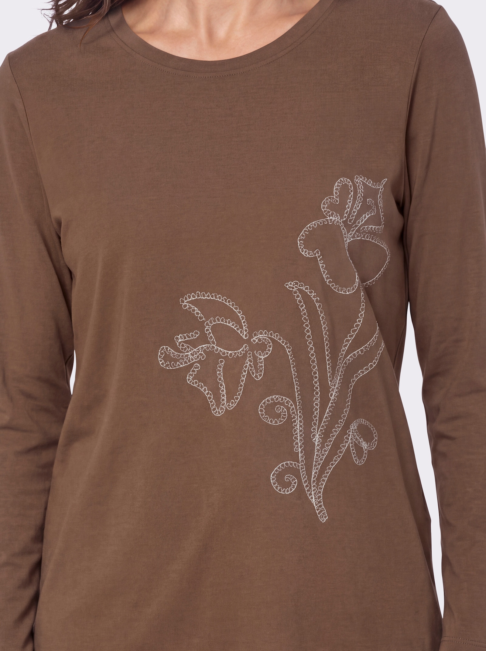 Rundhalsshirt mit kontrastfarbiger Stickerei - braun