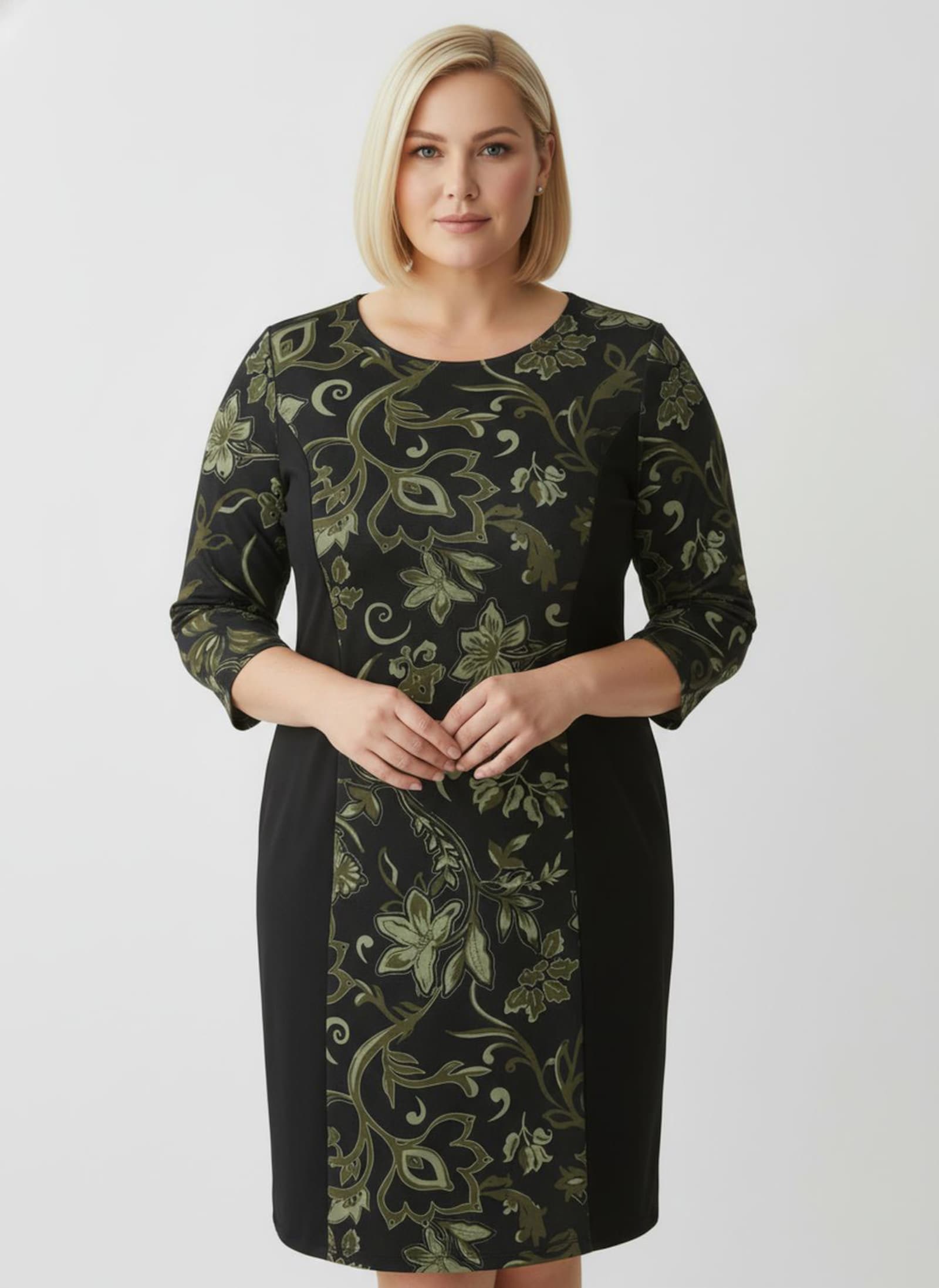 Jerseykleid im floralen Dessin - schwarz-oliv-bedruckt