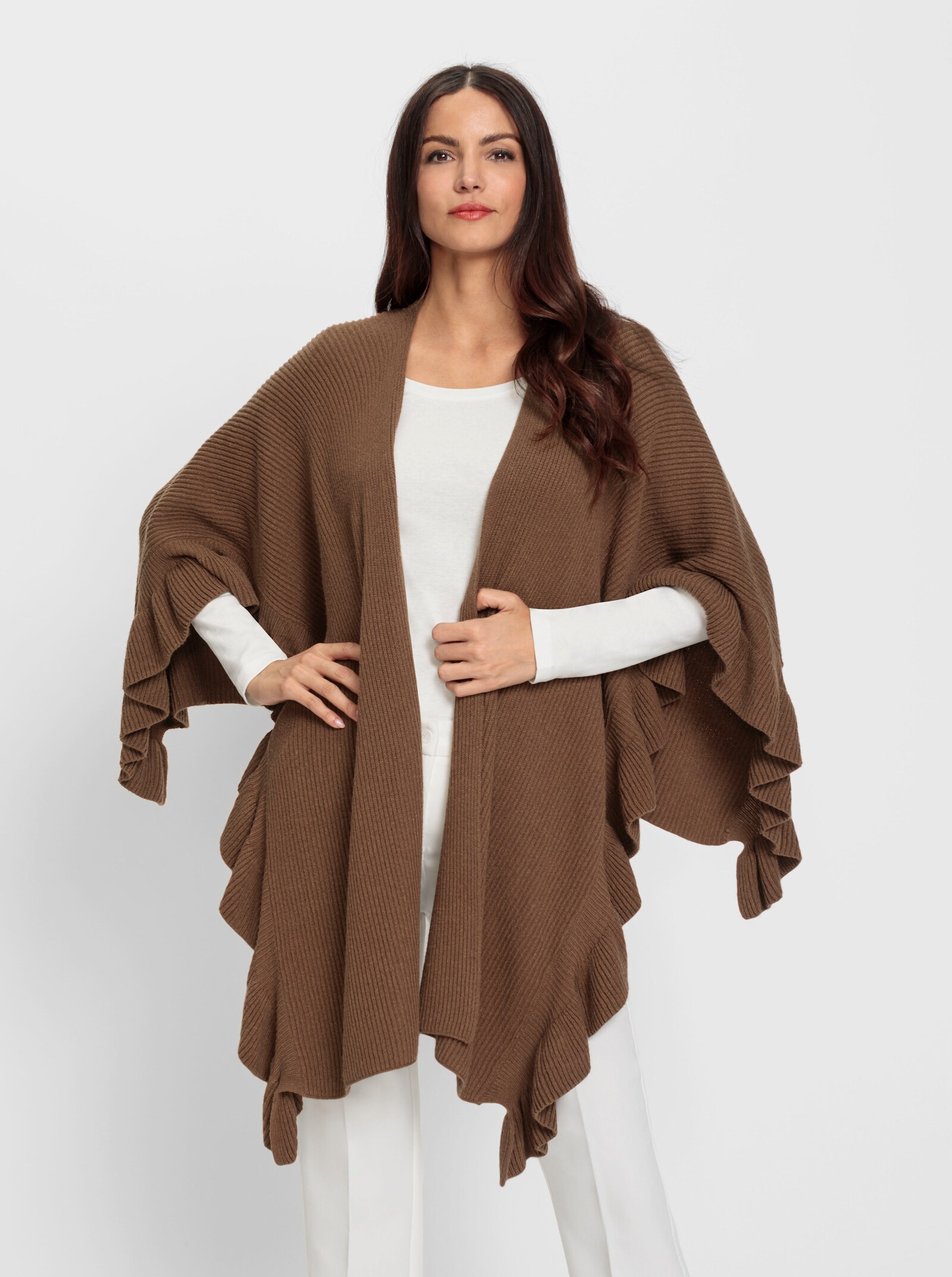 heine Gebreide poncho met volants - bruin