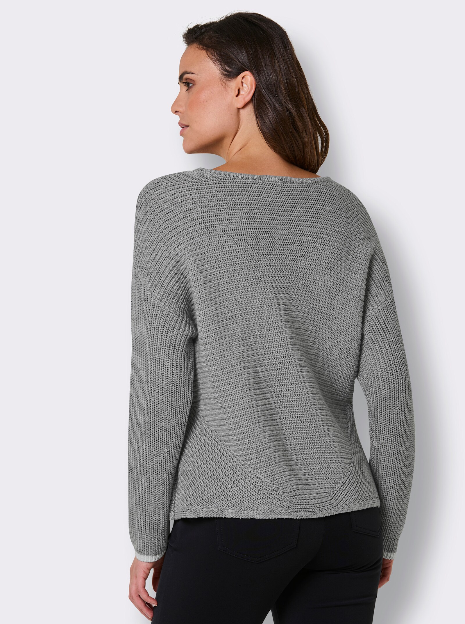 CREATION L PREMIUM Langarm-Pullover mit Kontrastkanten - steingrau-meliert