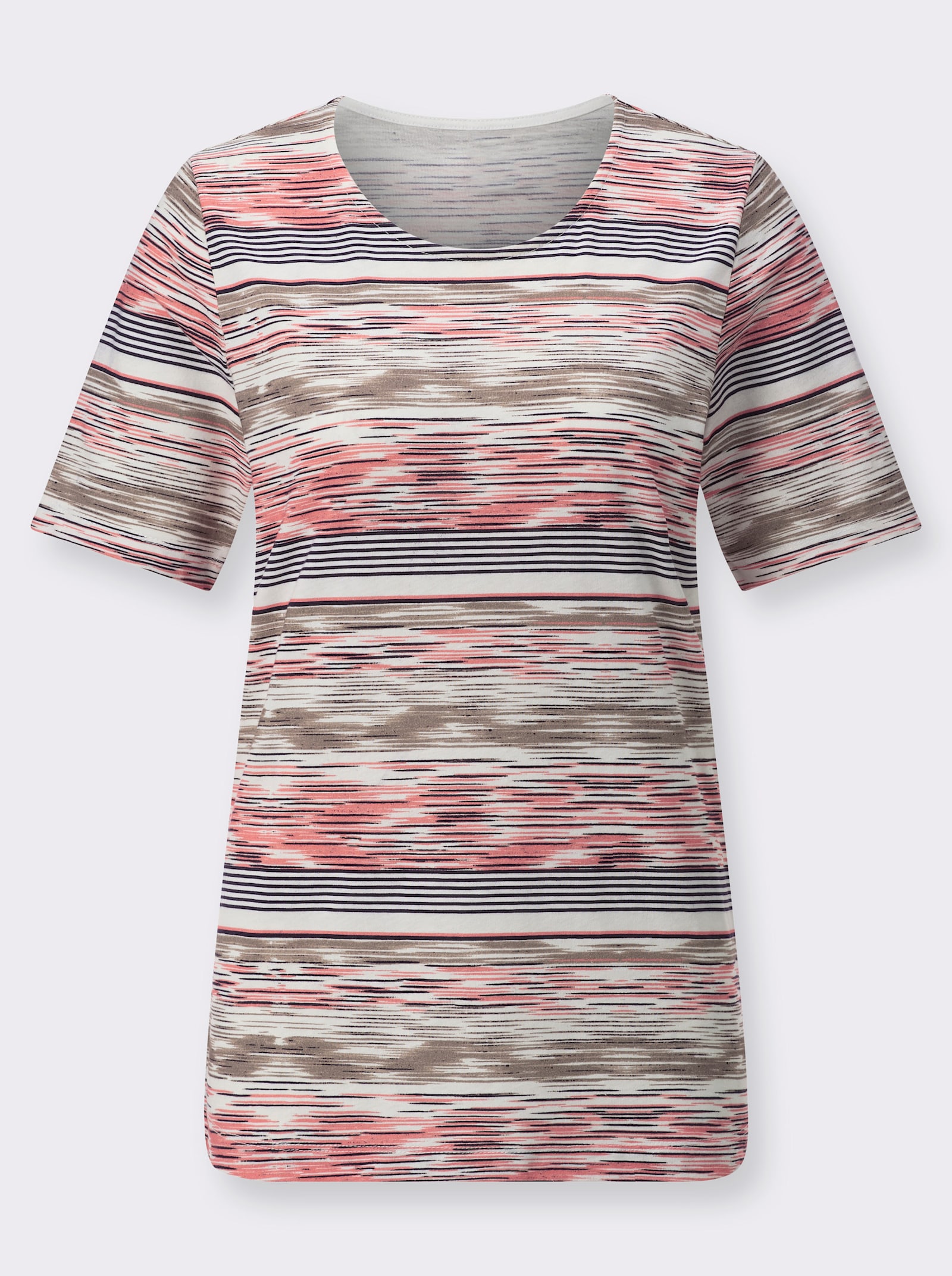 Tričko s okr.výstr. s celoploš.potlač. - Plameniakovo-svetlobéžová potlač