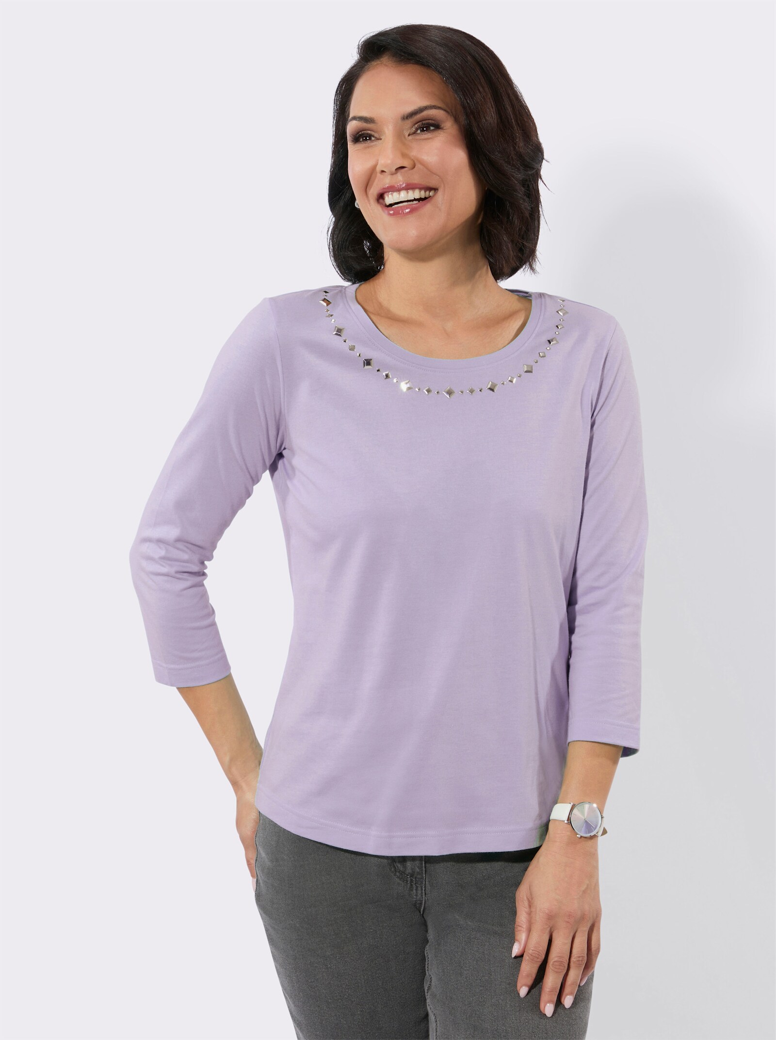 Rundhalsshirt mit Ziersteinchen - flieder