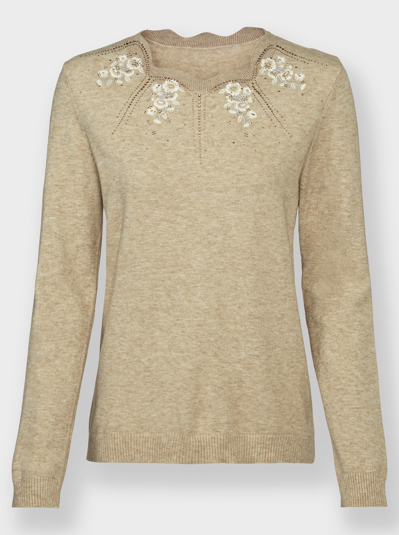 Langarm-Pullover mit Glitzersteinchen - beige-meliert