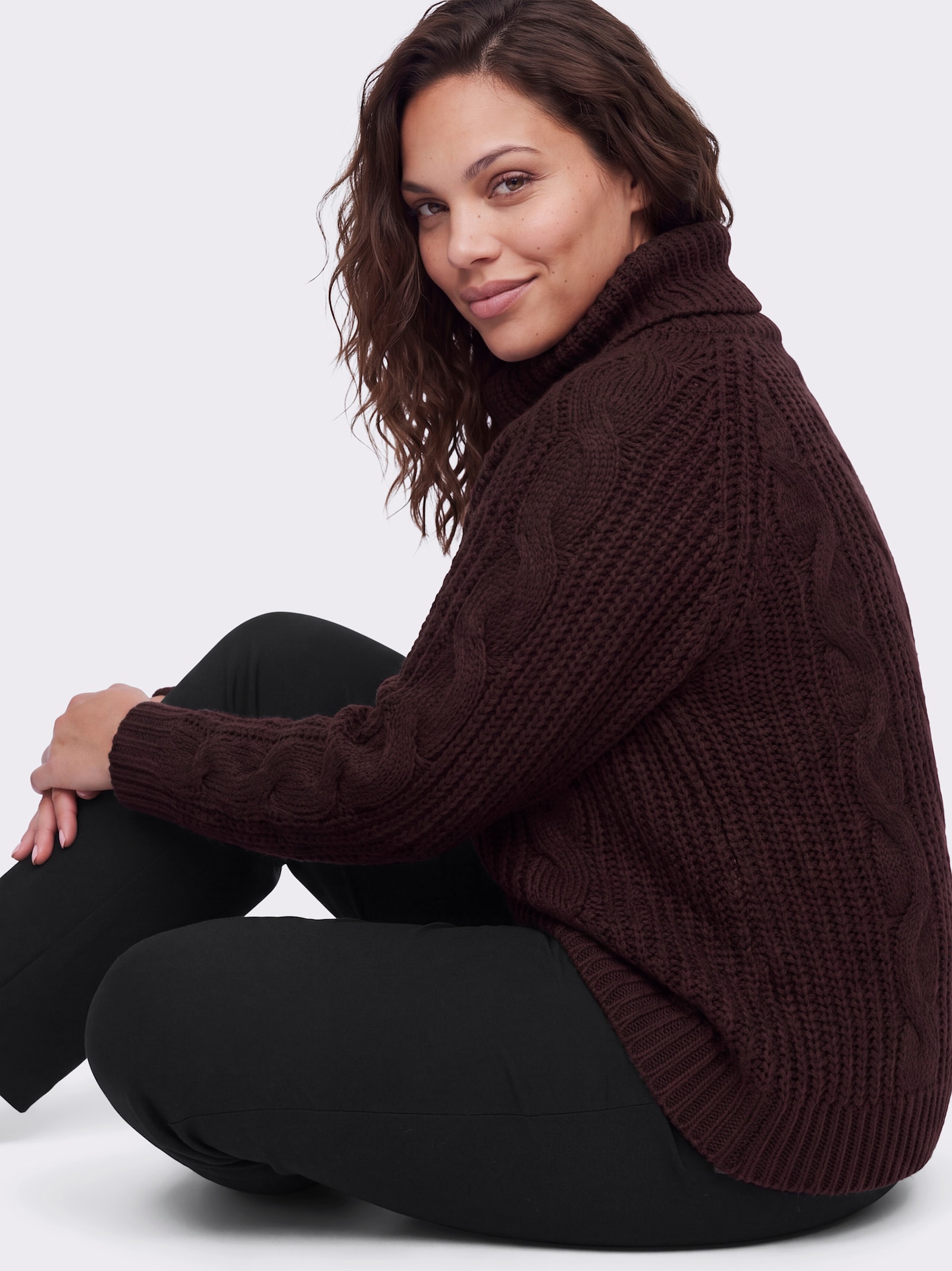 sheego by Joe Browns Rollkragenpullover mit Zopfmuster - burgund