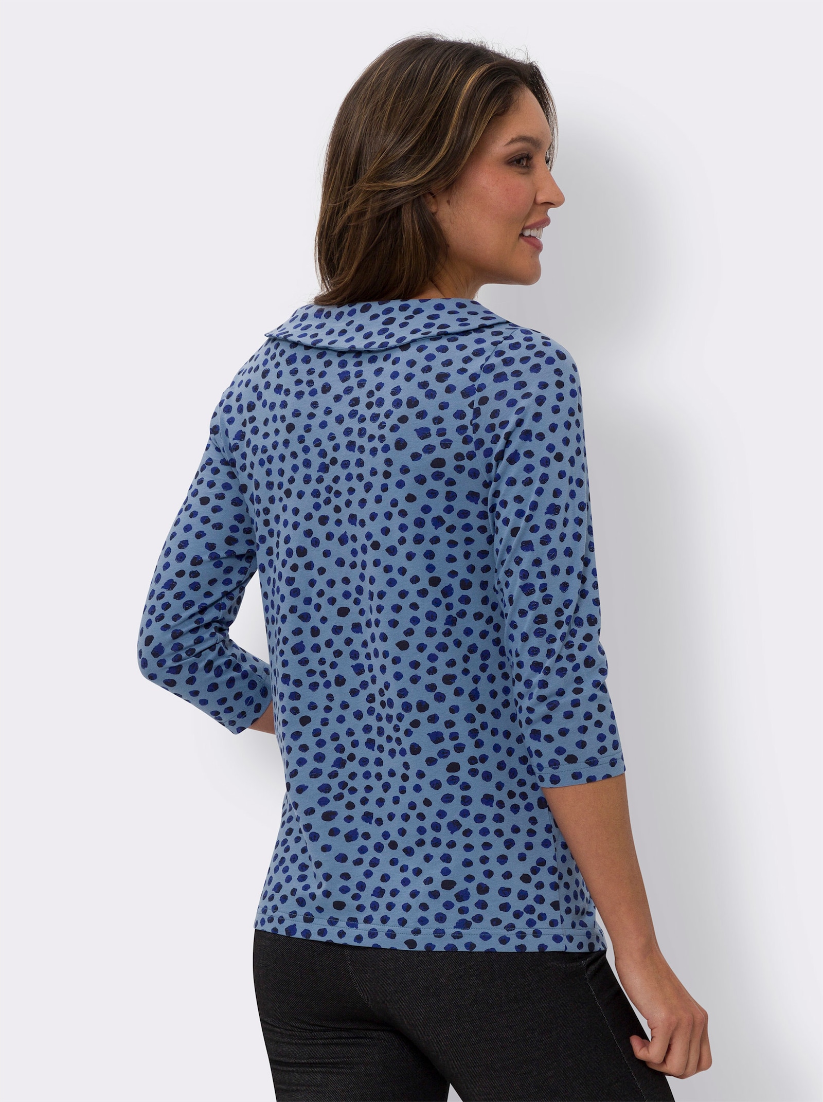 3/4-Arm-Shirt mit Zierspange am Ausschnitt - mittelblau-marine-bedruckt