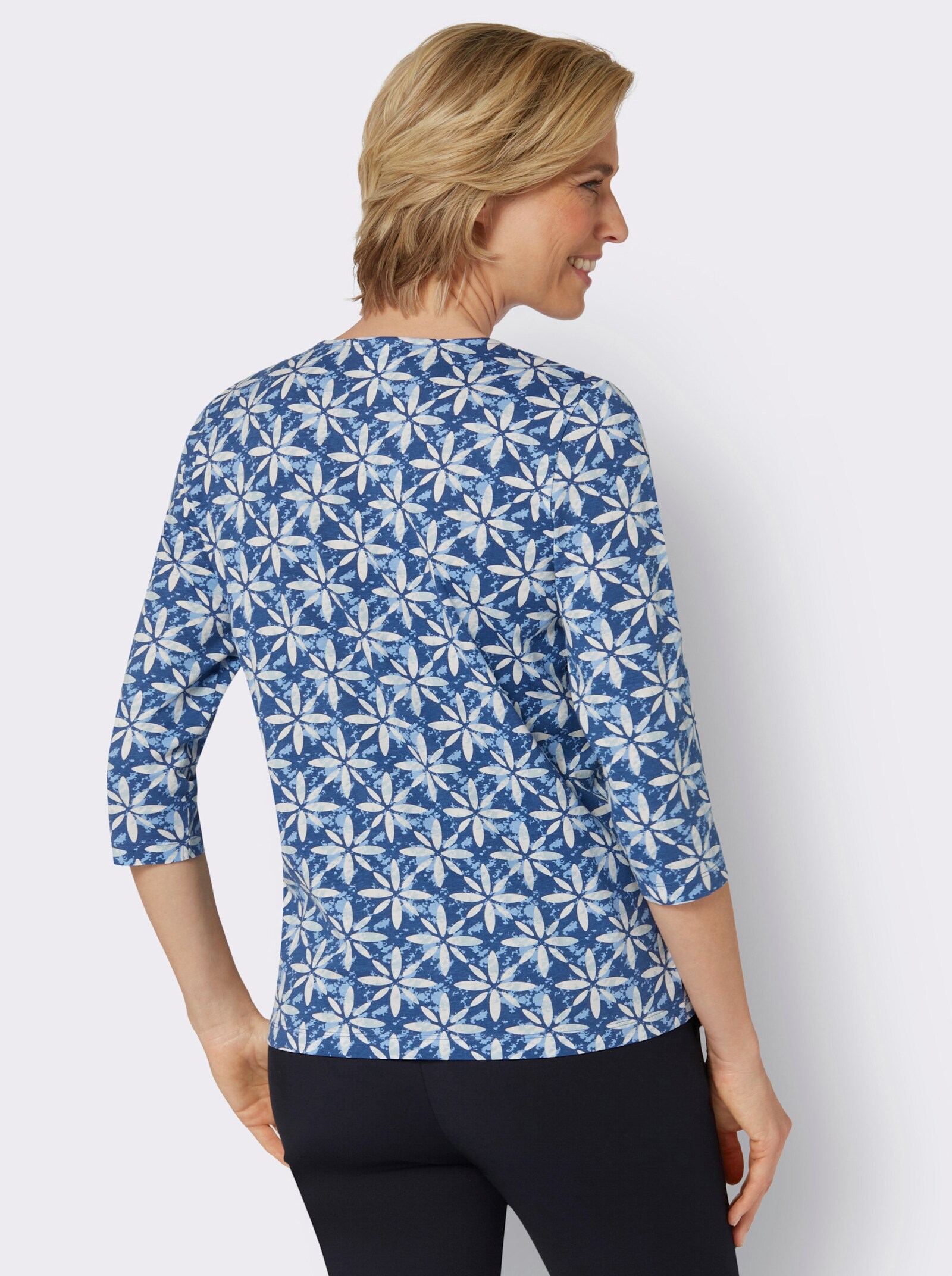 Shirt met 3/4-mouwen en grafisch bloemenpatroon - jeansblauw/lichtblauw bedrukt