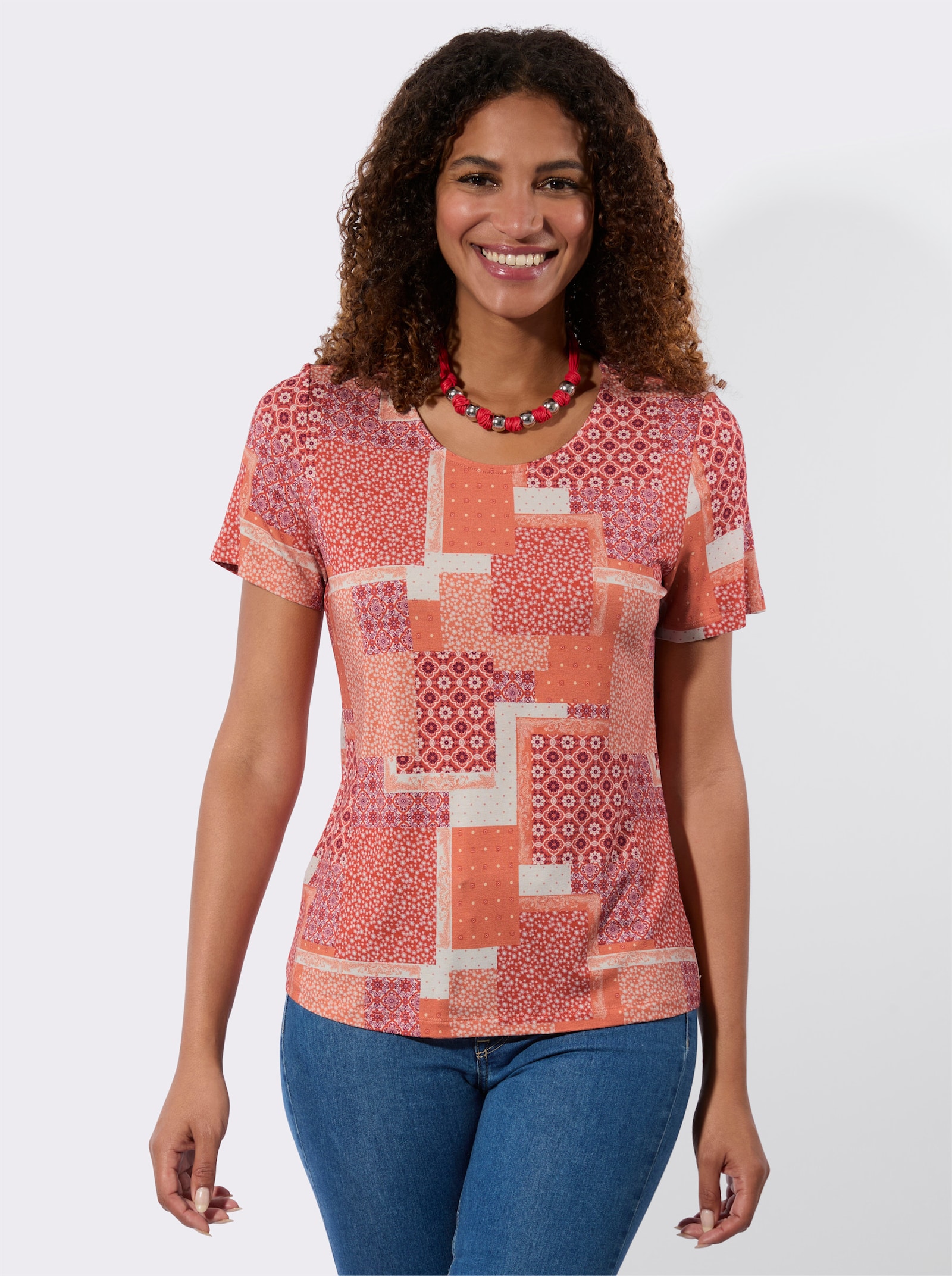 Print-Shirt mit Patchwork-Dessin - champagner-papaya-bedruckt