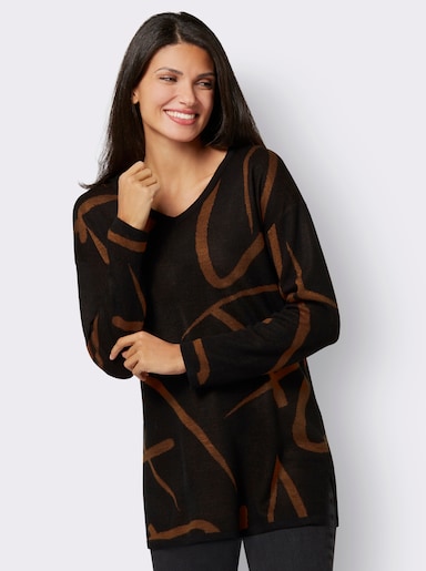 Longpullover mit Seitenschlitzen - schwarz-cognac-gemustert