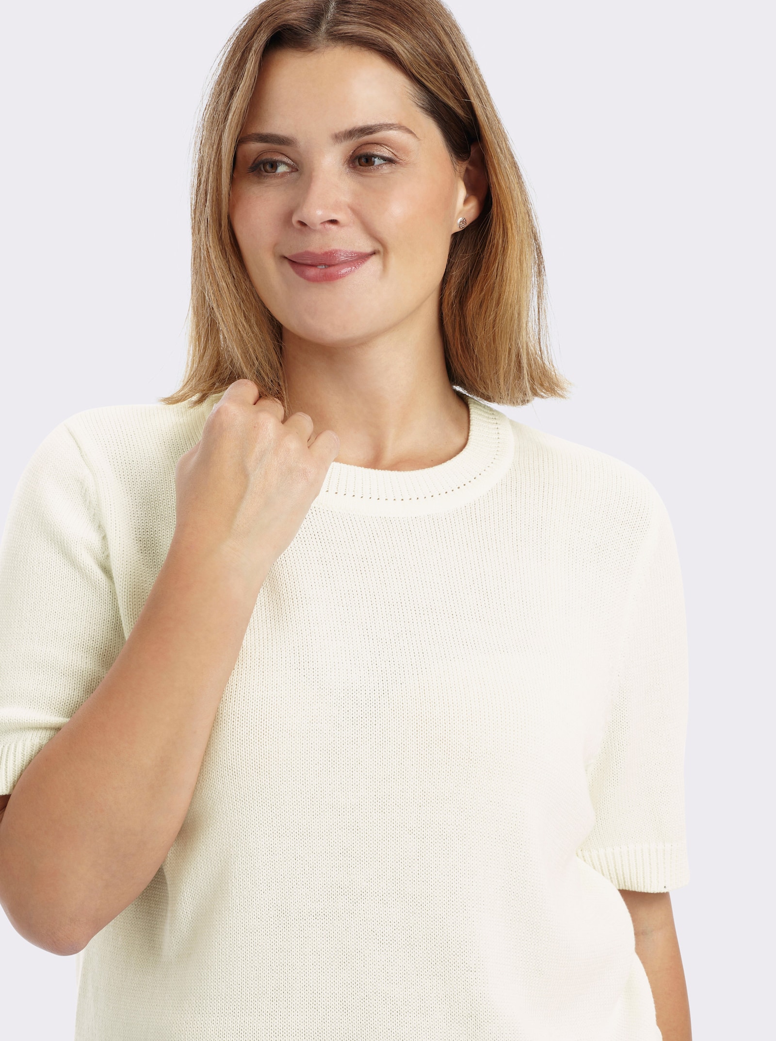 Kurzarmpullover mit Rippabschlüssen - wollweiß