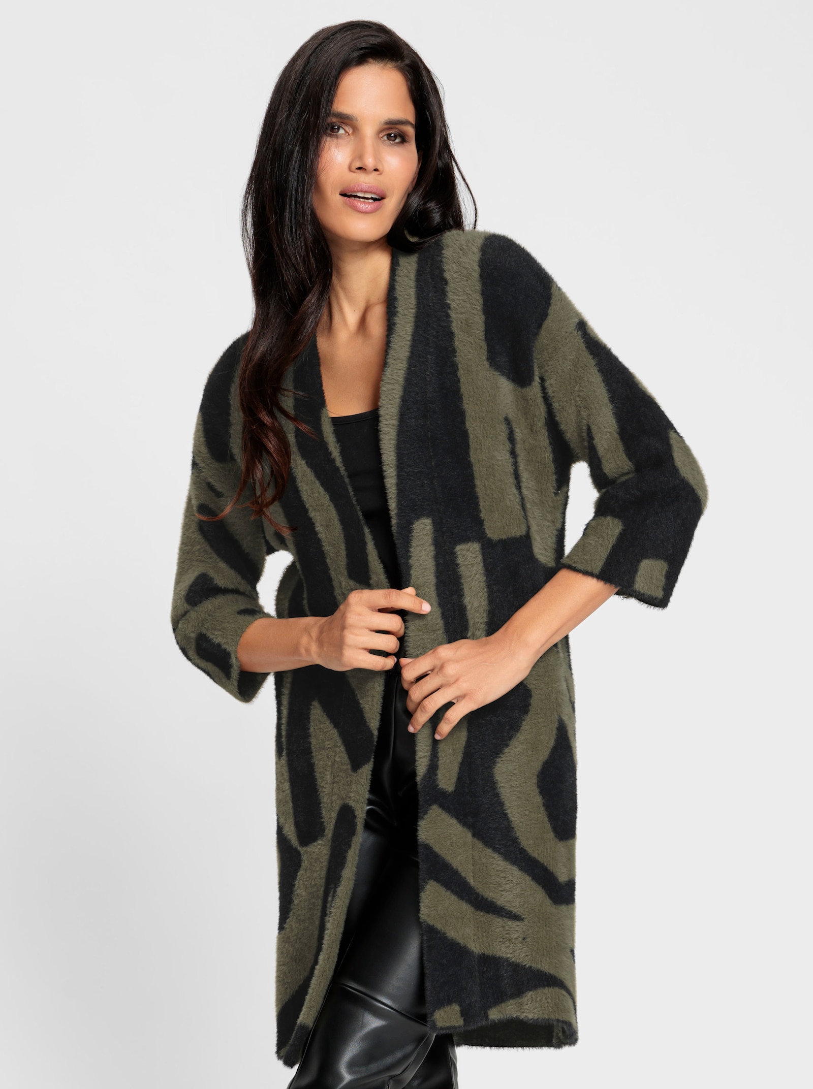 heine Gebreide mantel met pluisgaren - olijf/zwart gedessineerd