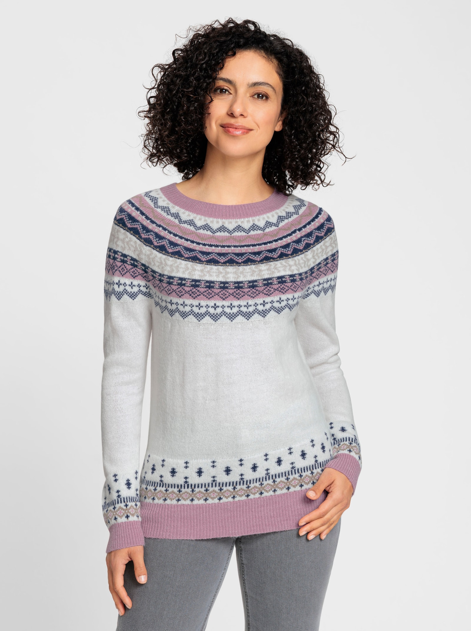 Noorse trui met raglanmouwen - ecru/mauve gedessineerd