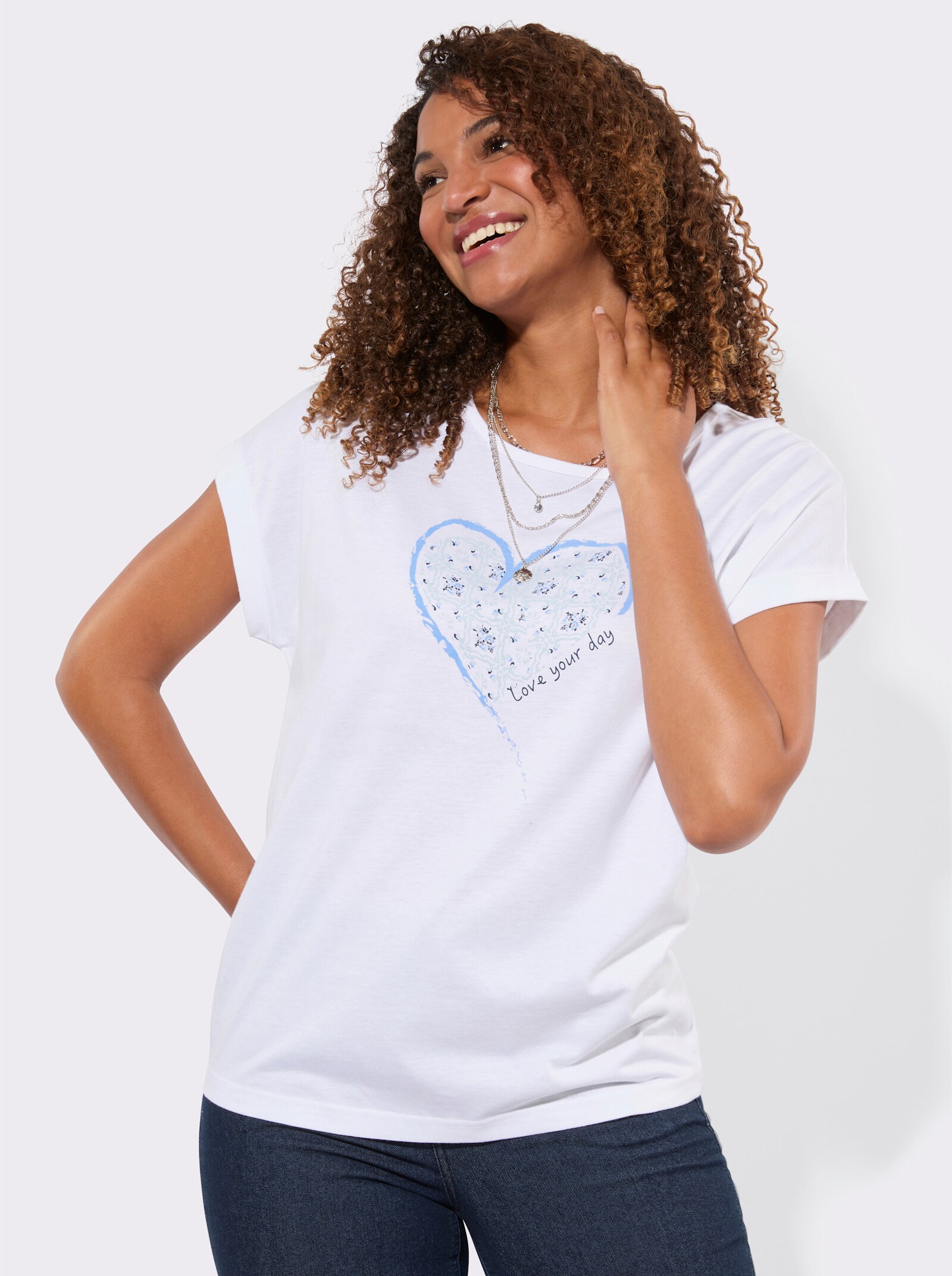 Rundhalsshirt mit Druck-Motiv - ecru-dunkelblau-bedruckt