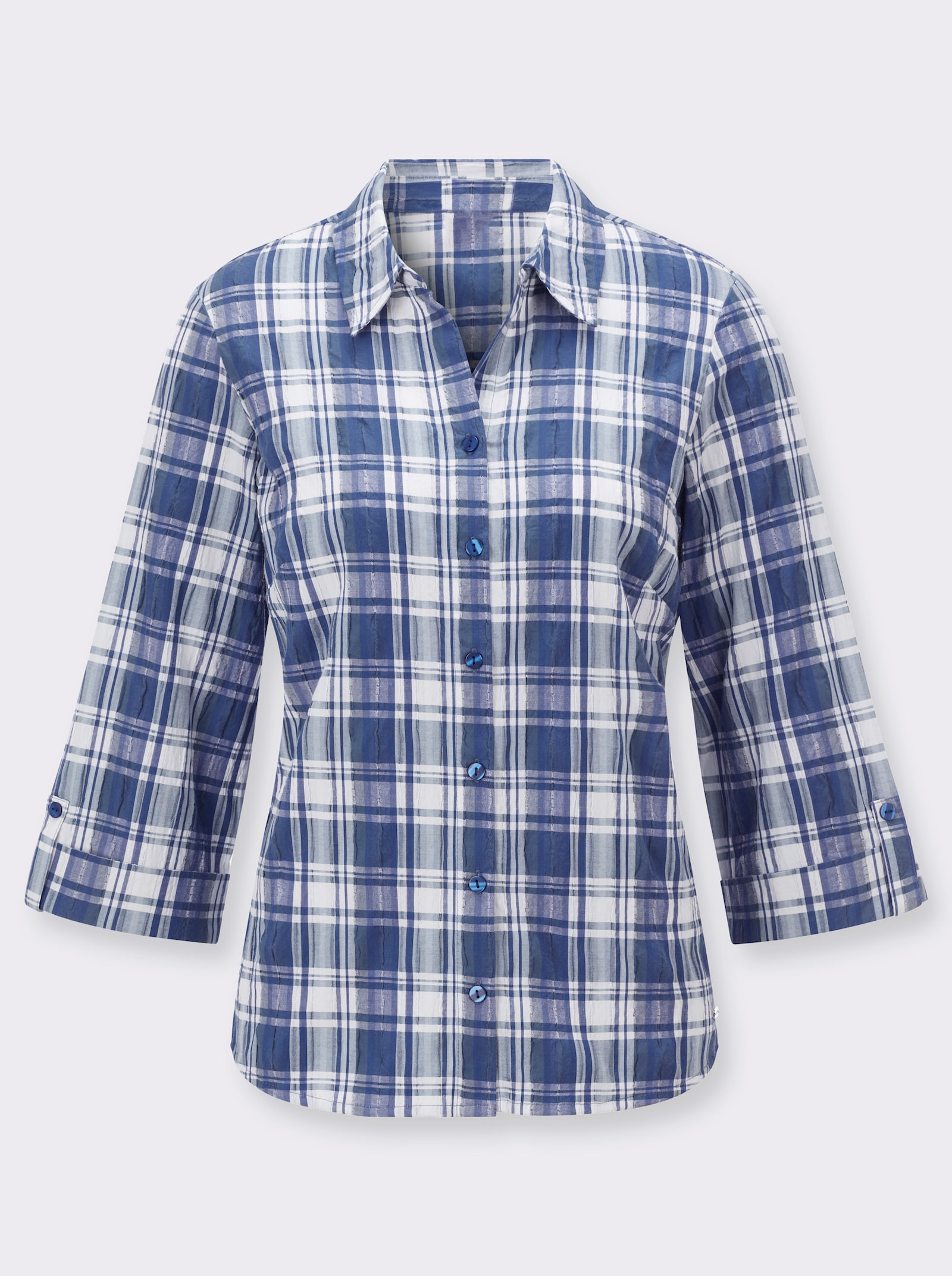 Geruite blouse van seersucker - koningsblauw/wit geruit