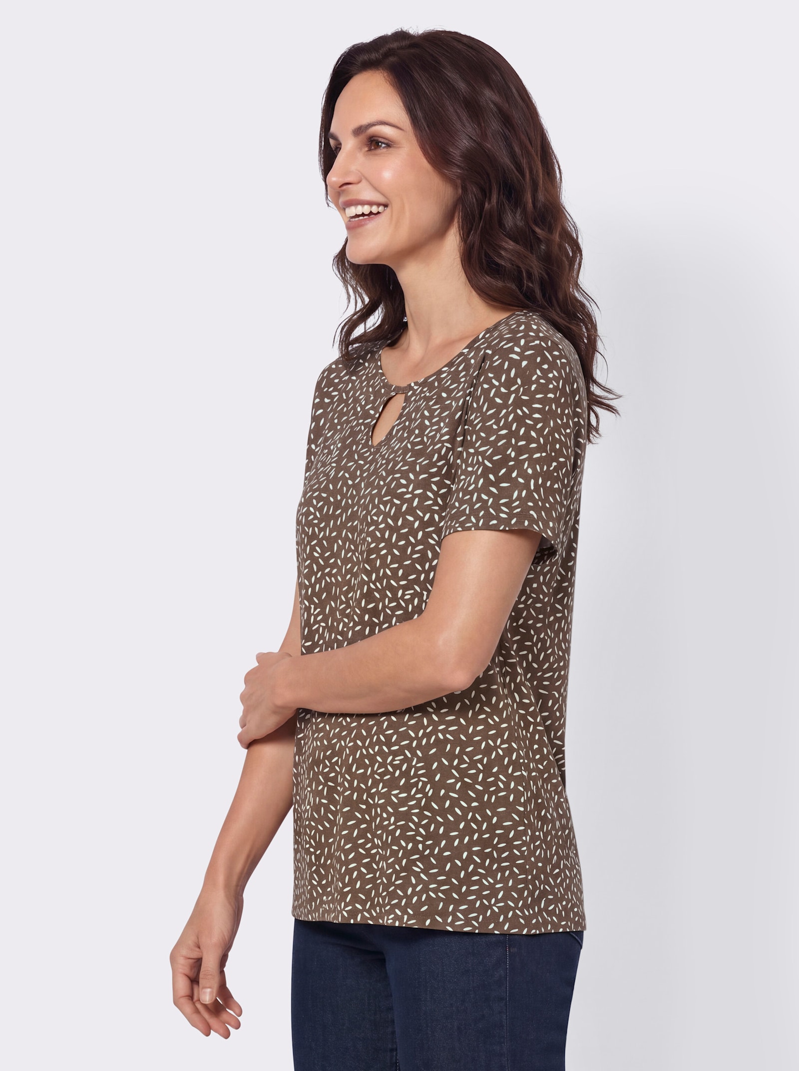 Tunikashirt mit Tropfen-Ausschnitt - braun-champagner-bedruckt
