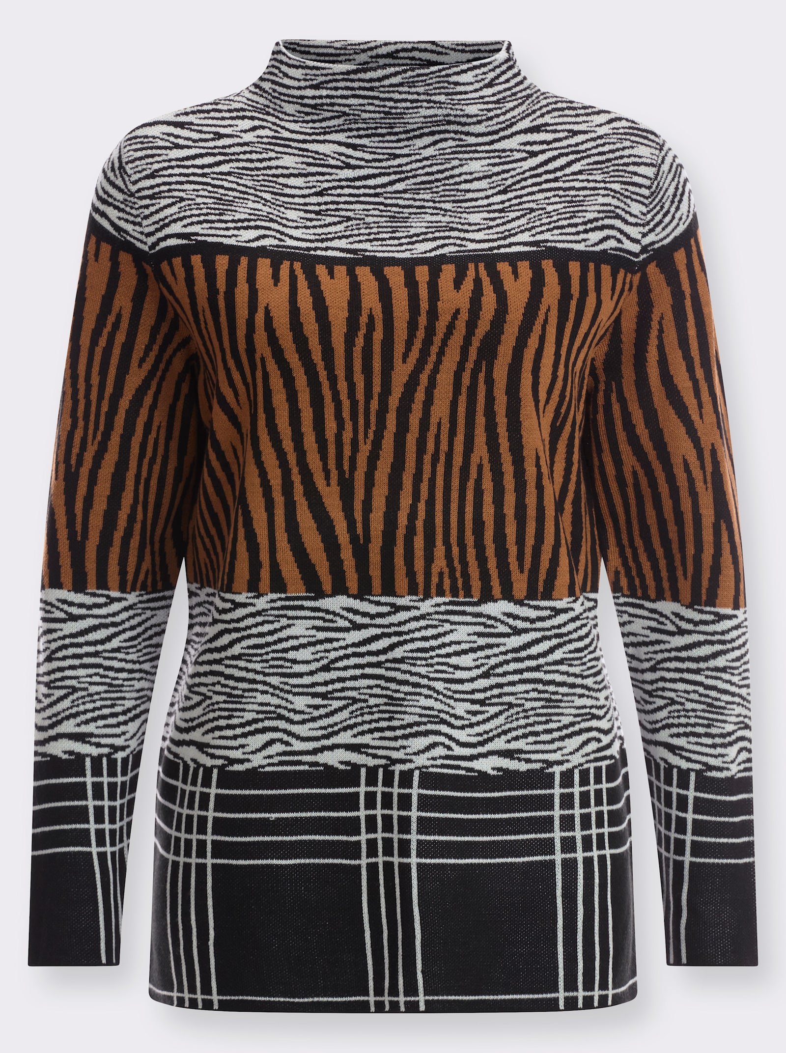 Jacquard-Pullover mit Kelchkragen - schwarz-cognac-gemustert