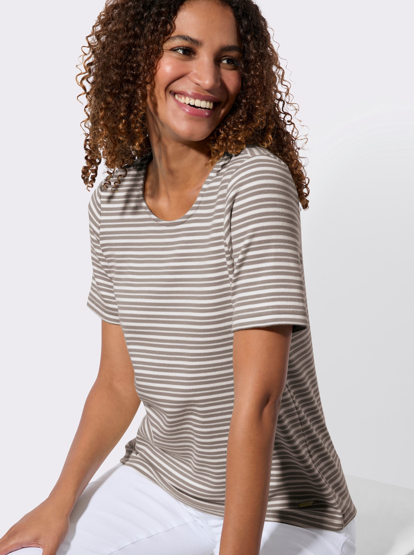 Streifenshirt in Baumwoll-Stretch-Qualität - taupe-weiss-gestreift