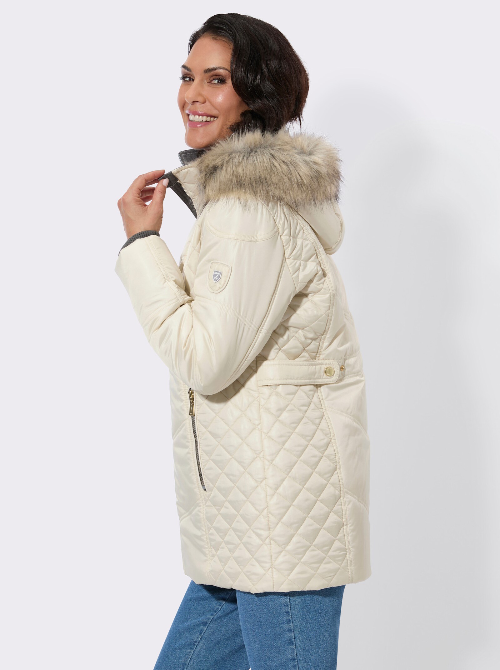 Steppjacke mit Kapuze mit Pelz-Imitat - sand