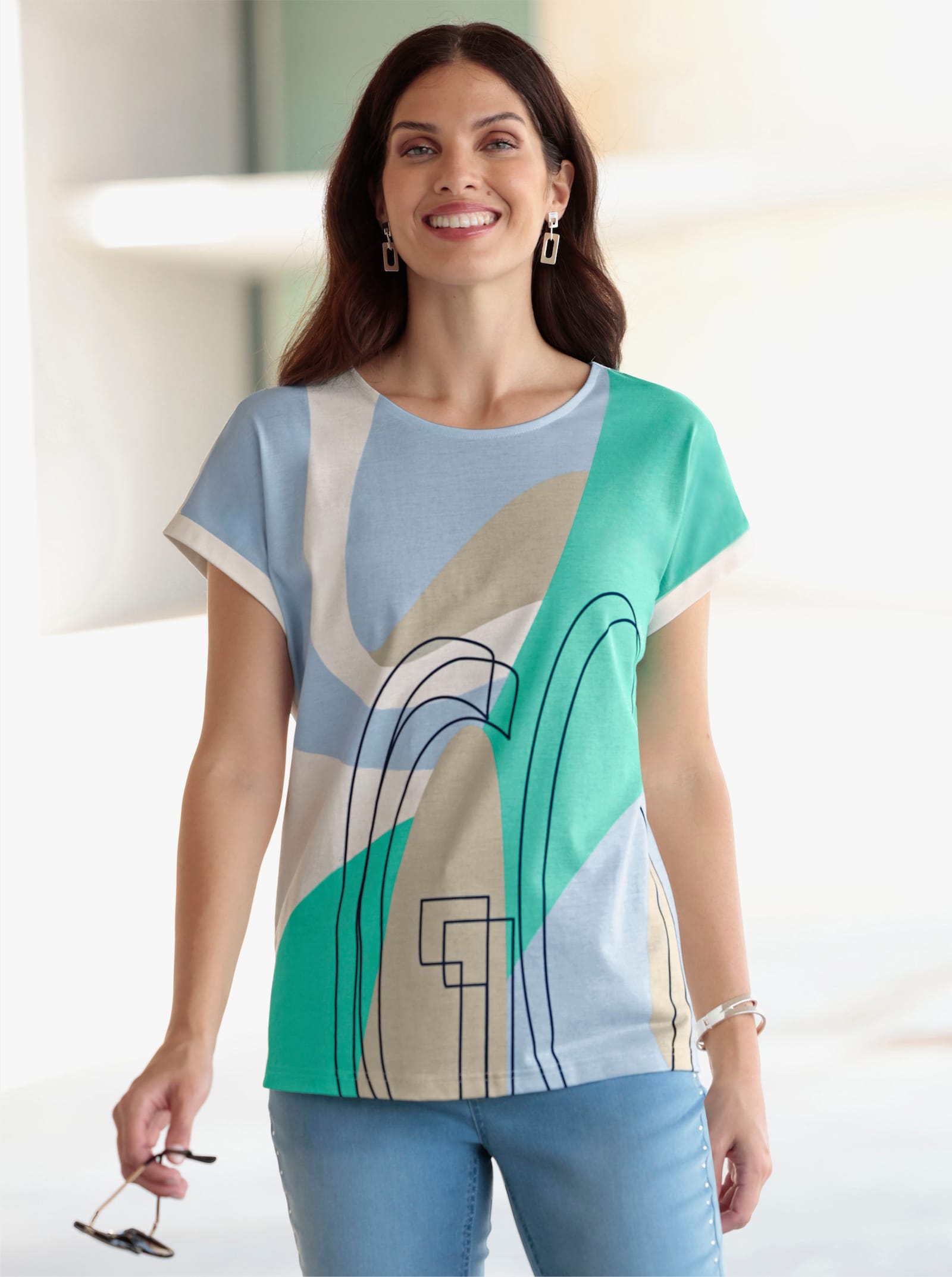 Rundhalsshirt mit Ärmelaufschlag - blaugrün-ecru-bedruckt
