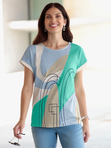 Rundhalsshirt mit Ärmelaufschlag - blaugrün-ecru-bedruckt