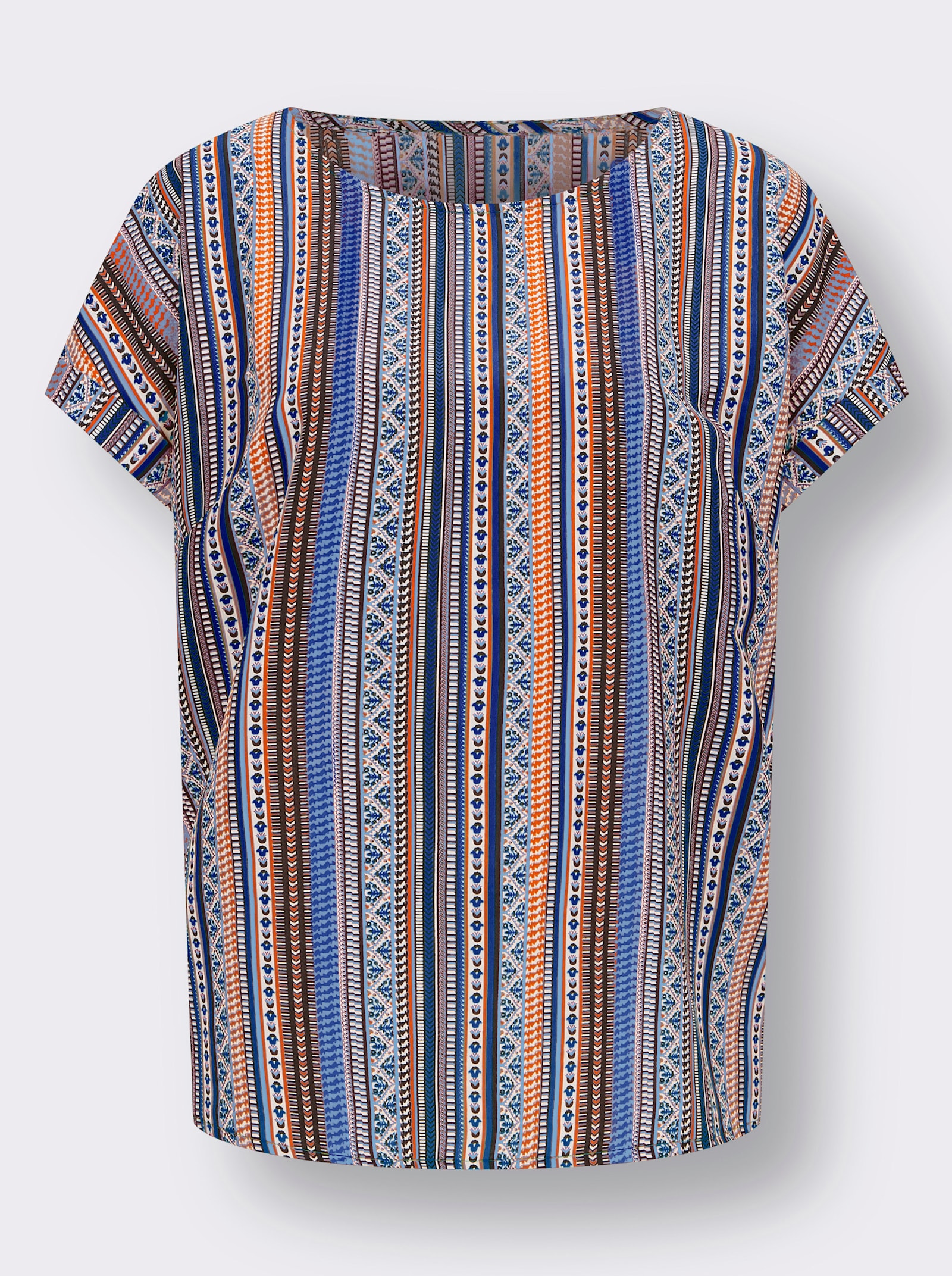 Comfortblouse in etnodessin - aqua/oranje gestreept