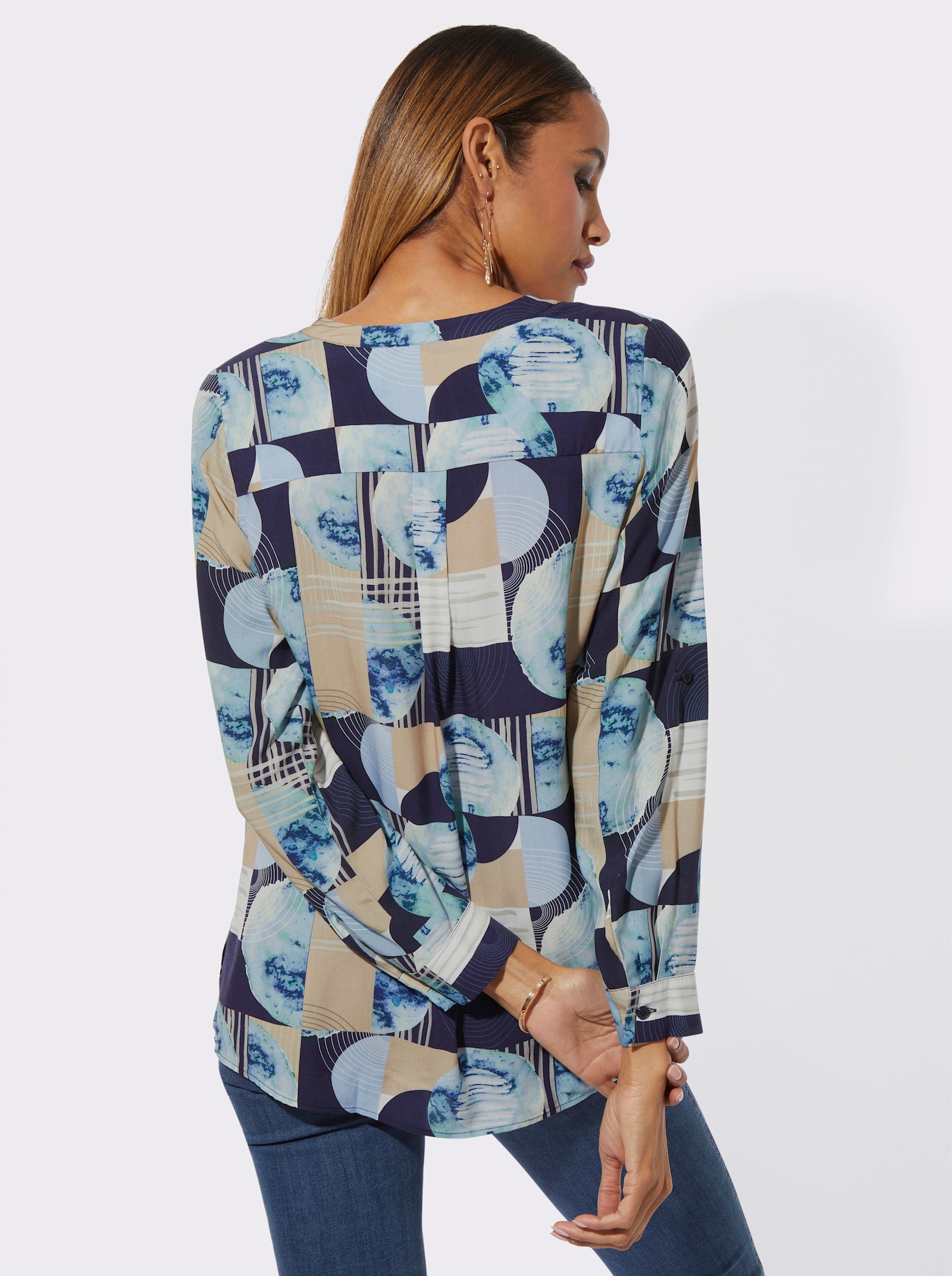 Druckbluse im figurumspielden Schnitt - marine-bleu-bedruckt